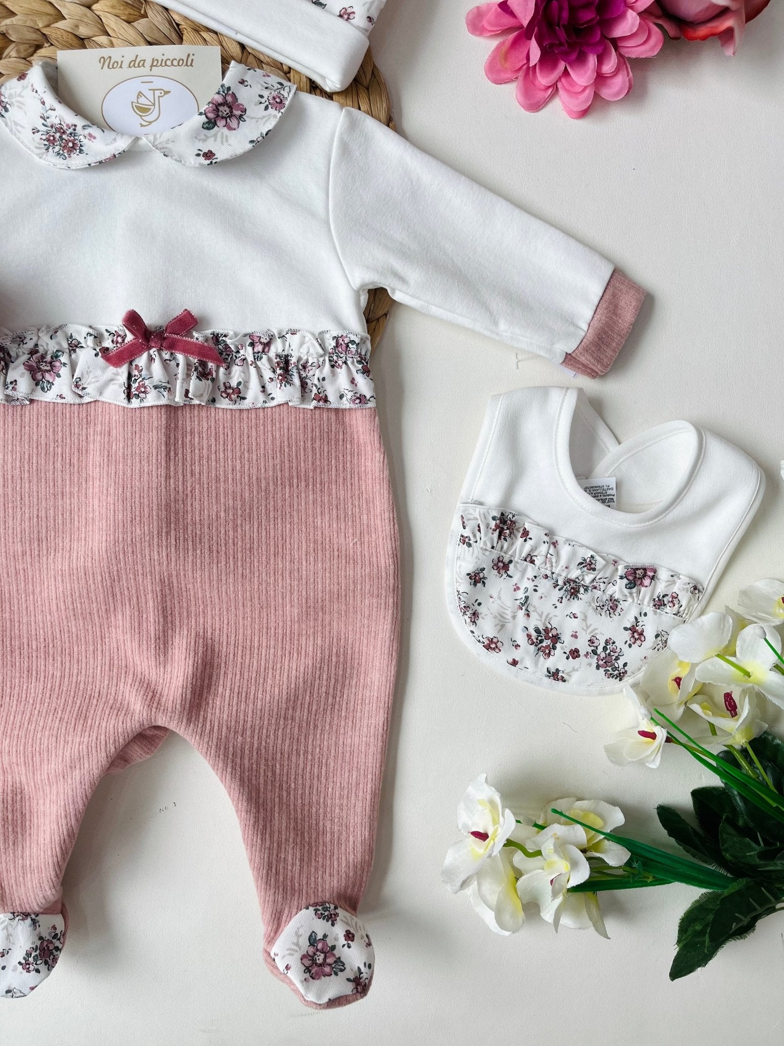 TUTINA IN CALDO COTONE BEIGE E ROSA ANTICO FIORI - Noi da piccoli