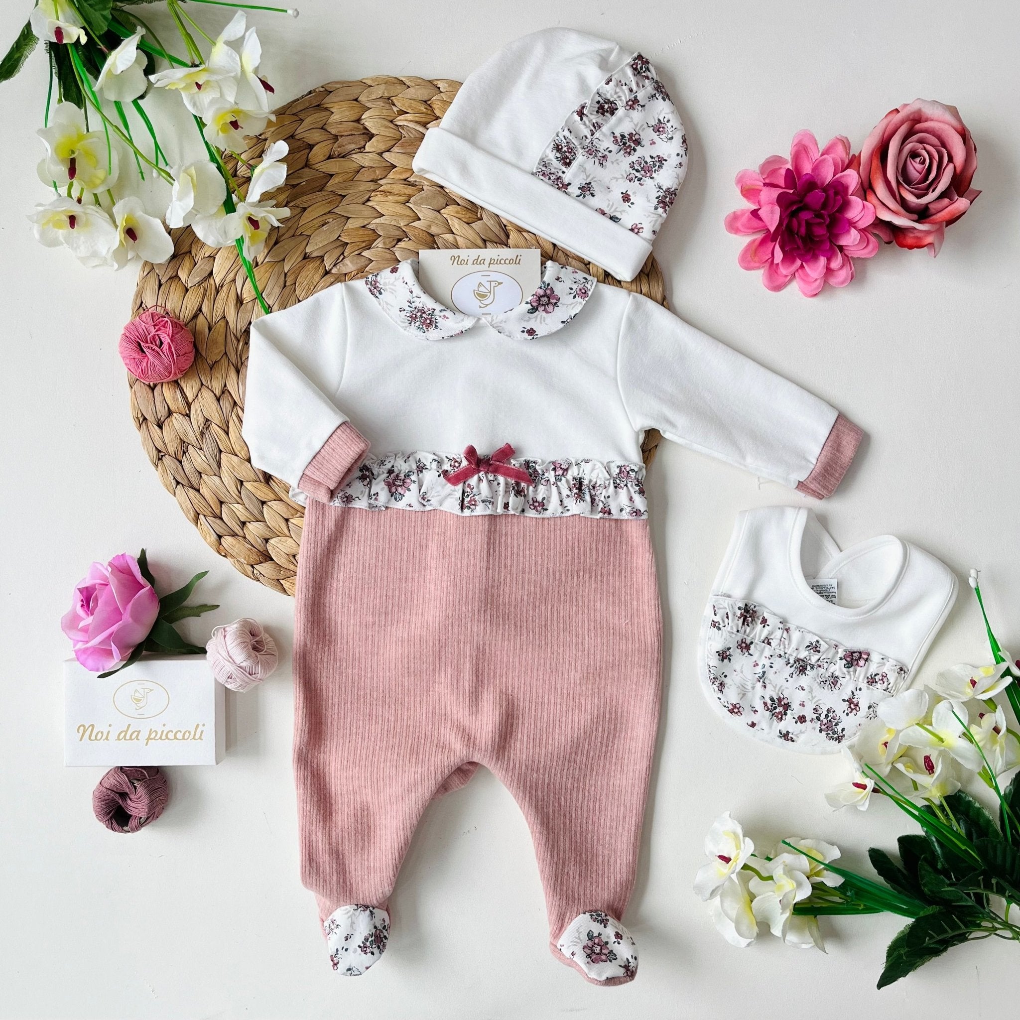 TUTINA IN CALDO COTONE BEIGE E ROSA ANTICO FIORI - Noi da piccoli