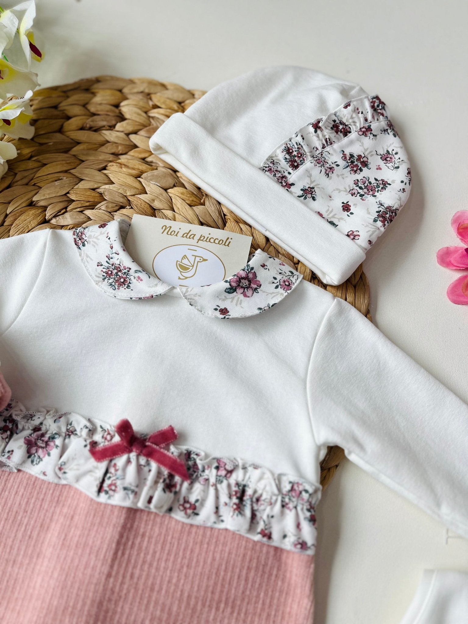 TUTINA IN CALDO COTONE BEIGE E ROSA ANTICO FIORI - Noi da piccoli