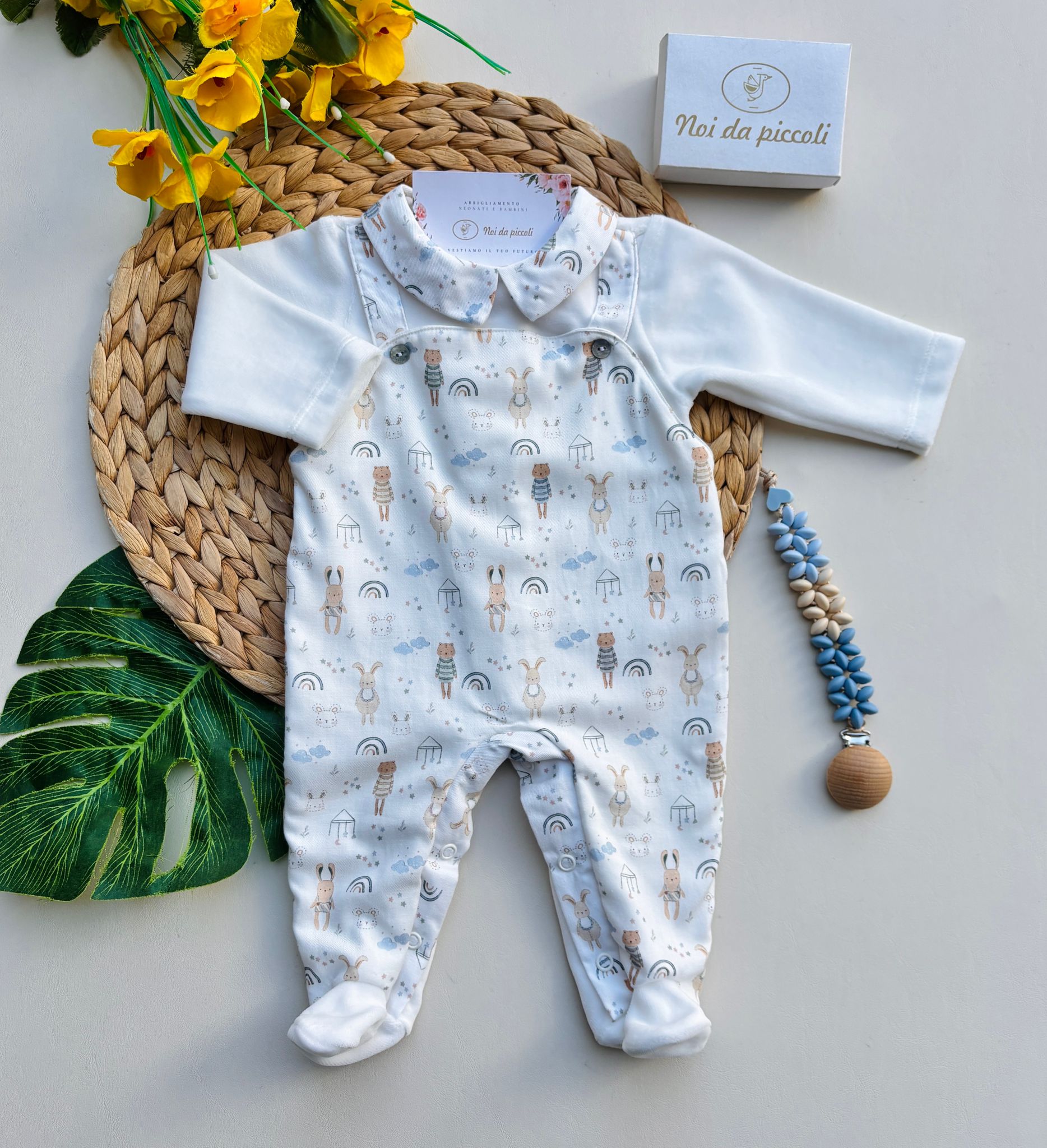 TUTINA IN CINIGLIA A FINTA SALOPETTE CON ANIMALI BIANCO - Noi da piccoli