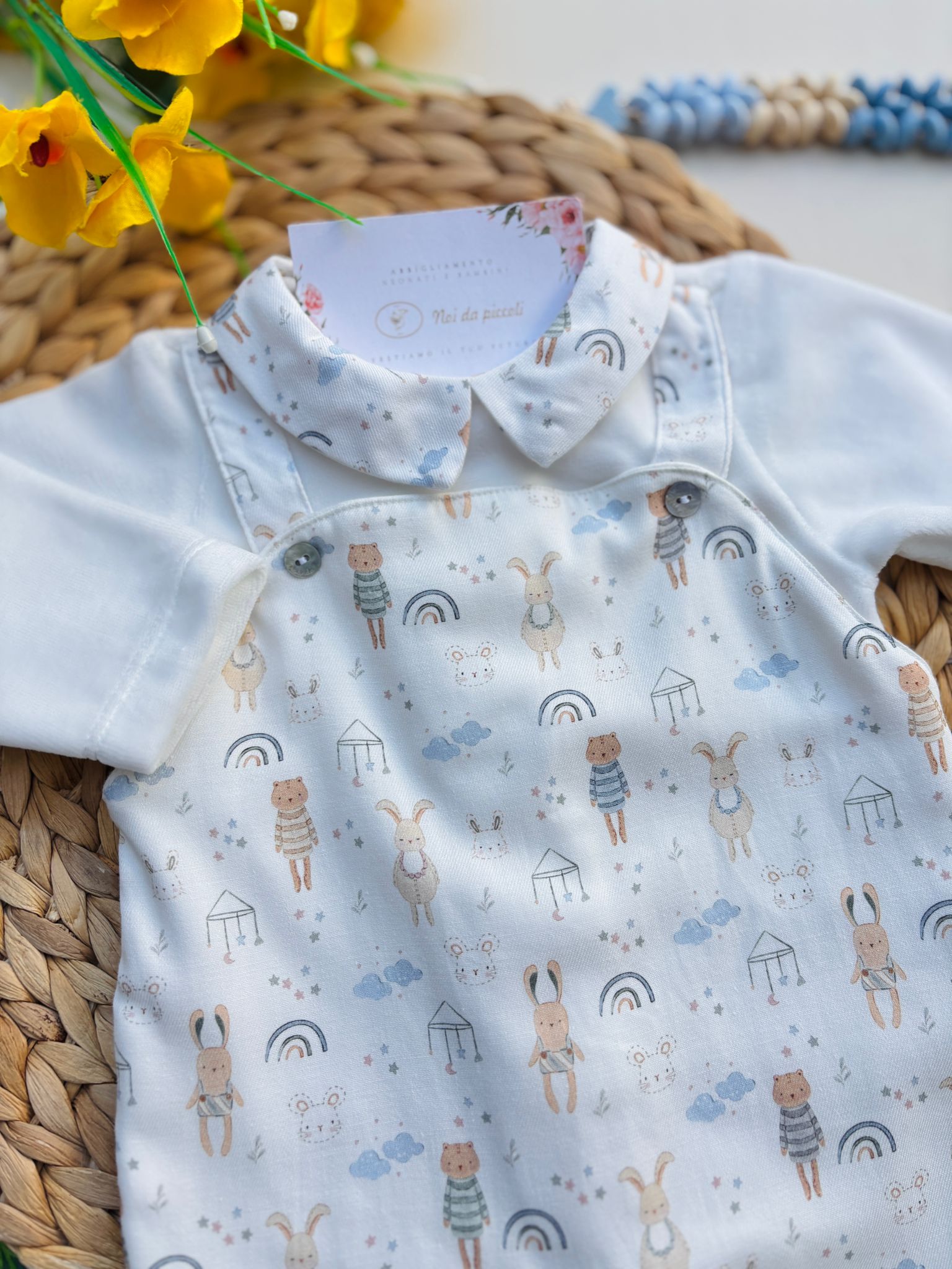 TUTINA IN CINIGLIA A FINTA SALOPETTE CON ANIMALI BIANCO - Noi da piccoli