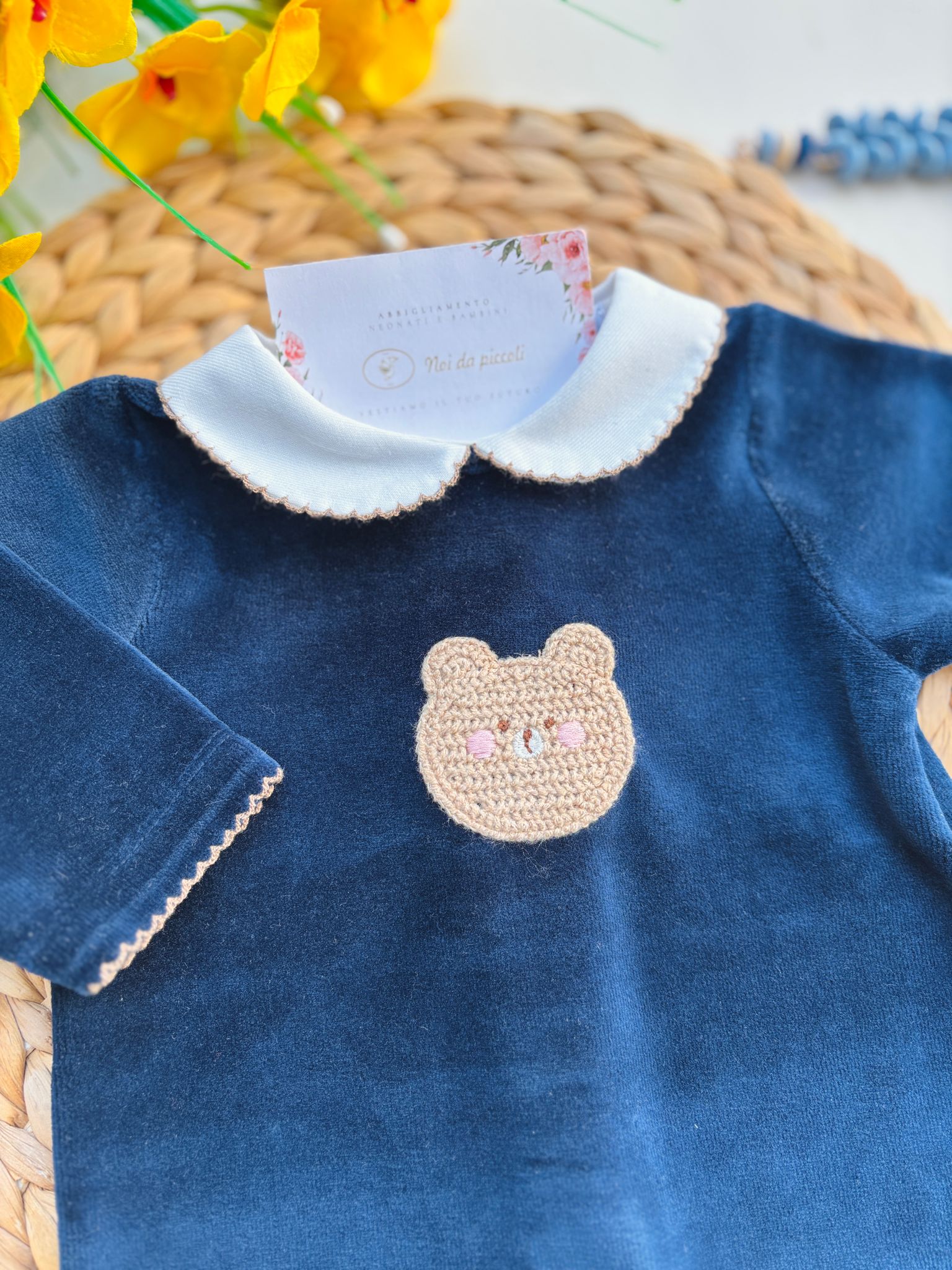 TUTINA IN CINIGLIA CON COLLETTO BIANCO E ORSETTO CENTRALE BLU NAVY - Noi da piccoli