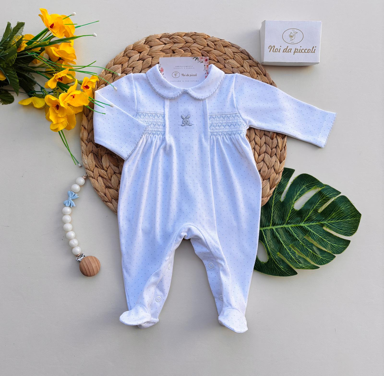 TUTINA IN COTONE A POIS E CONIGLIETTO BIANCO CIELO - Noi da piccoli