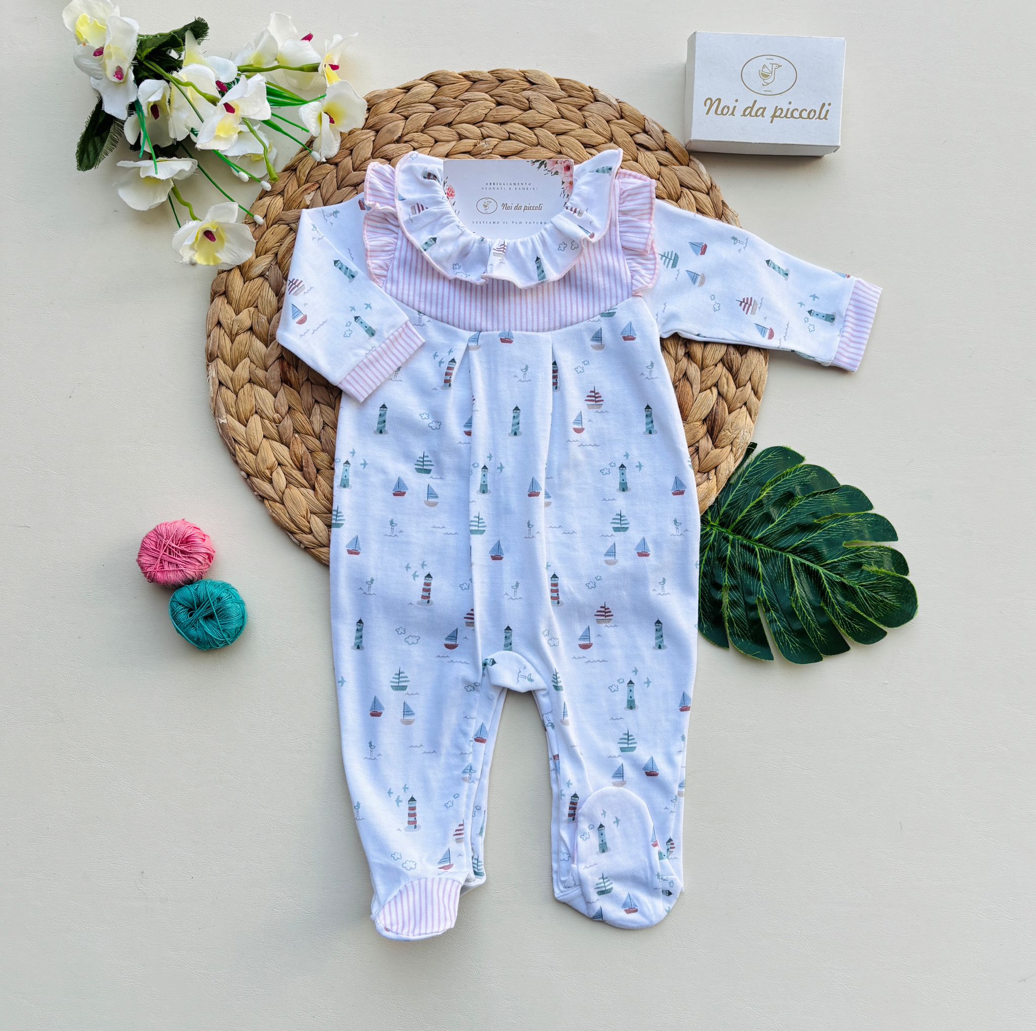 TUTINA IN COTONE A RIGHE E BARCHETTE BIANCO ROSA - Noi da piccoli