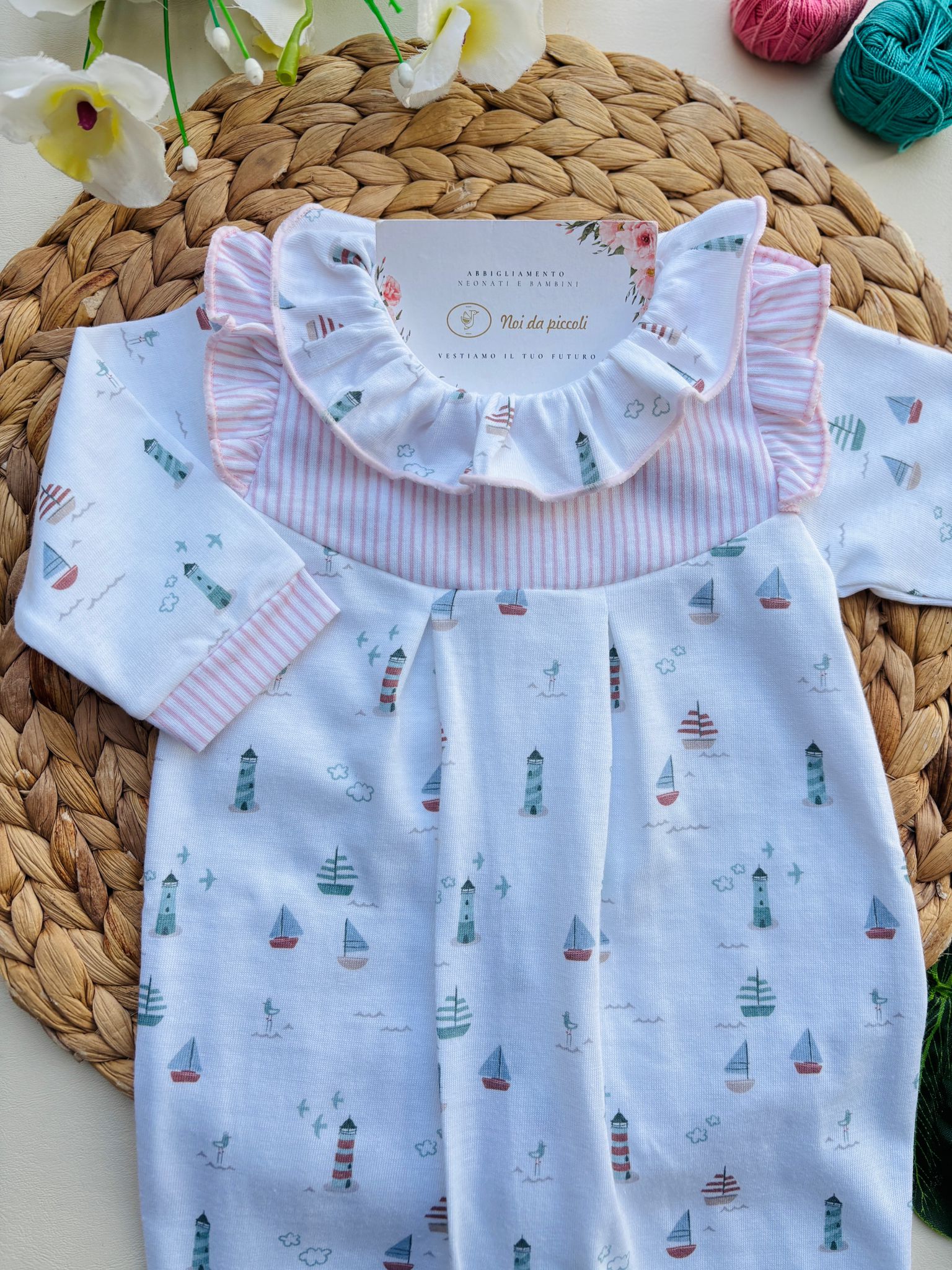 TUTINA IN COTONE A RIGHE E BARCHETTE BIANCO ROSA - Noi da piccoli