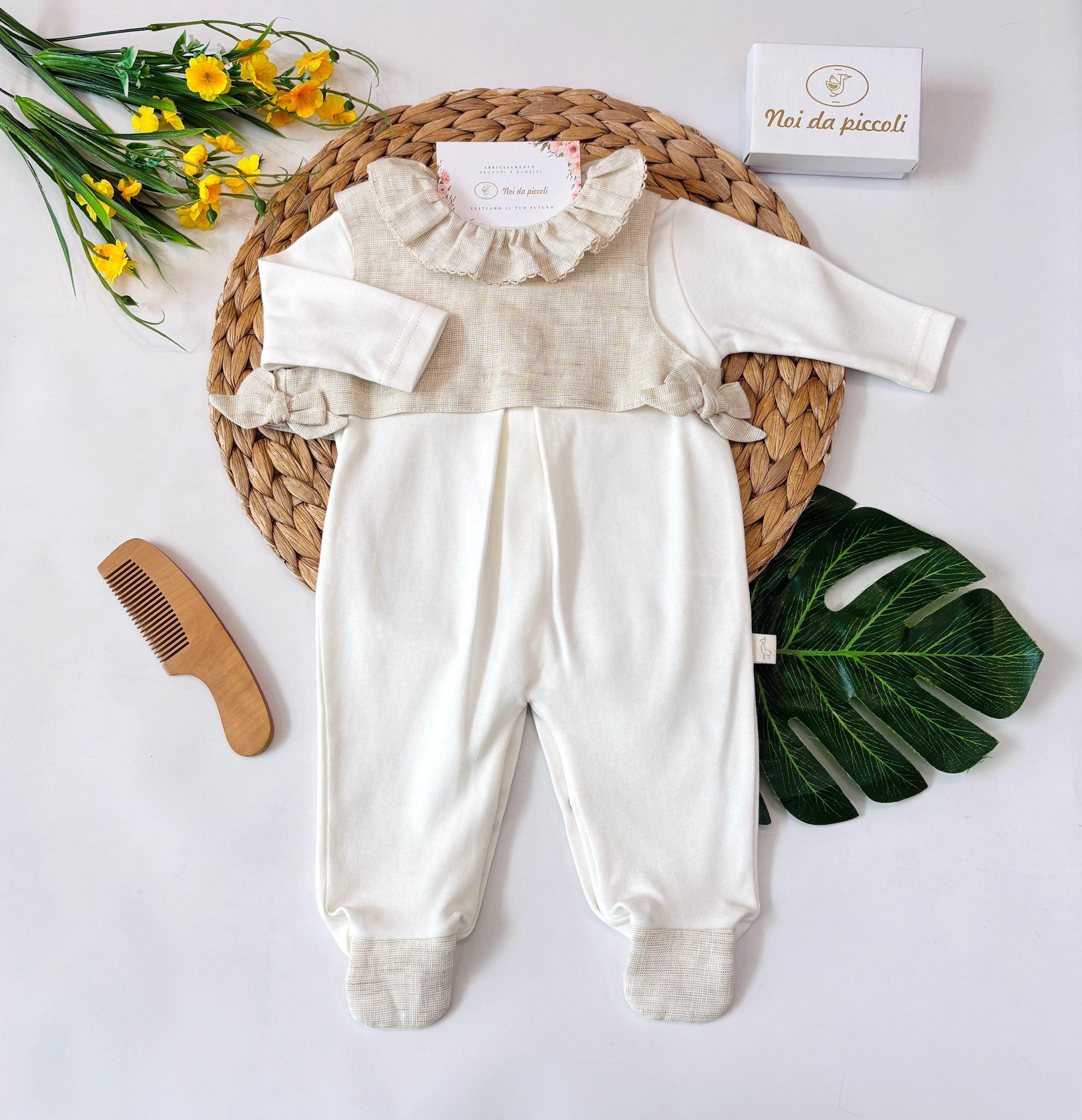 TUTINA IN COTONE BICOLOR CON FIOCCHETTI BIANCO BEIGE - Noi da piccoli