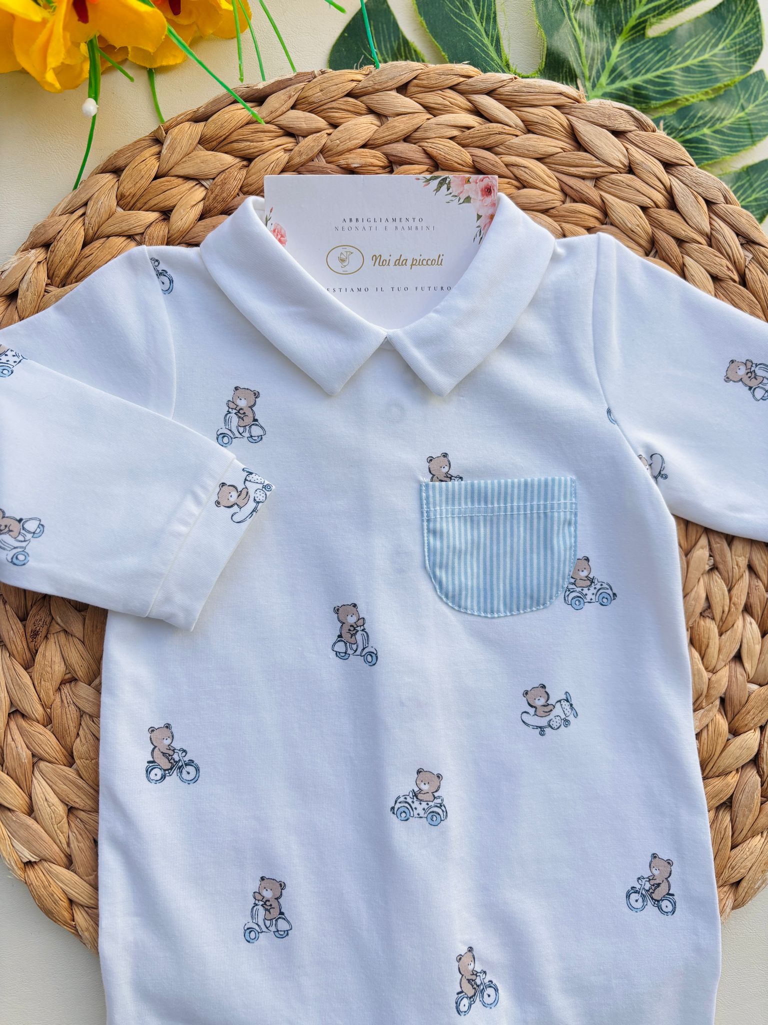 TUTINA IN COTONE CON COLLETTO BIANCO E ORSETTO BEIGE BIANCO - Noi da piccoli