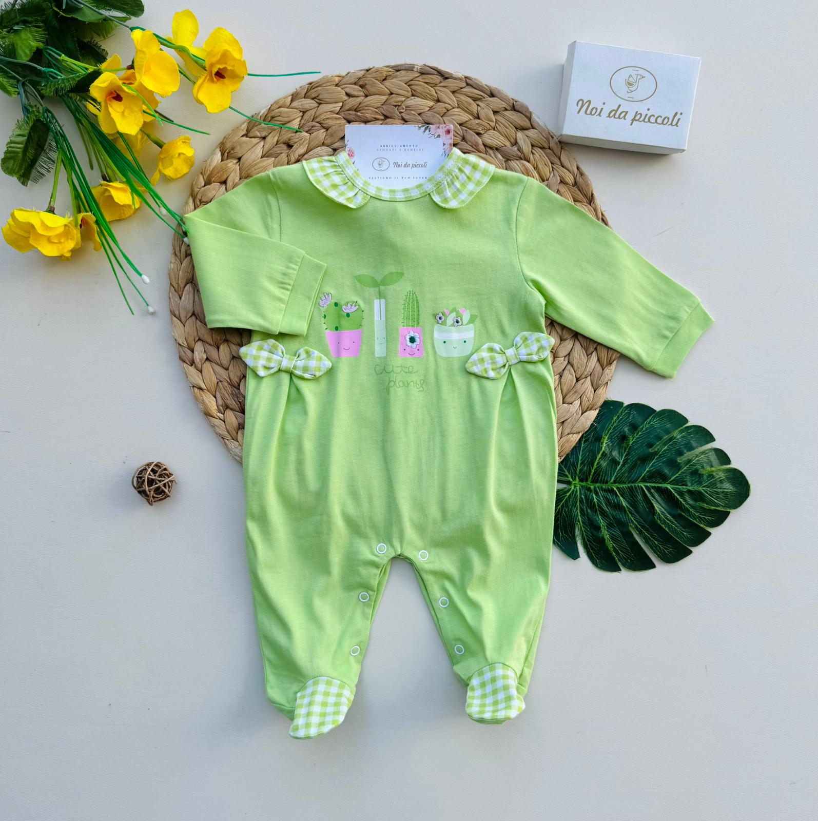 TUTINA IN COTONE CON DISEGNINI E FIOCCHETTI VERDE - Noi da piccoli