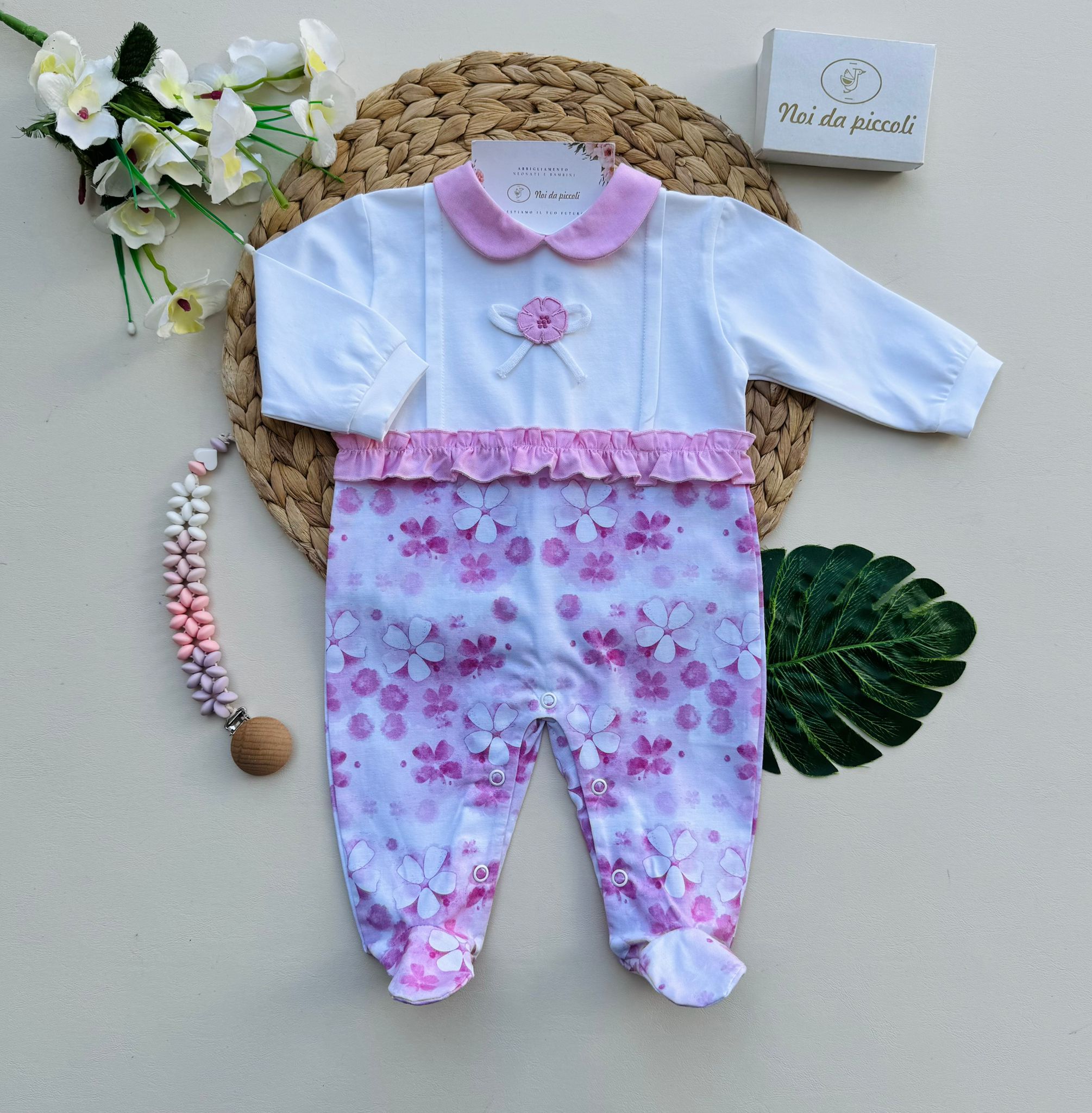 TUTINA IN COTONE CON FIORELLINI BIANCO ROSA - Noi da piccoli