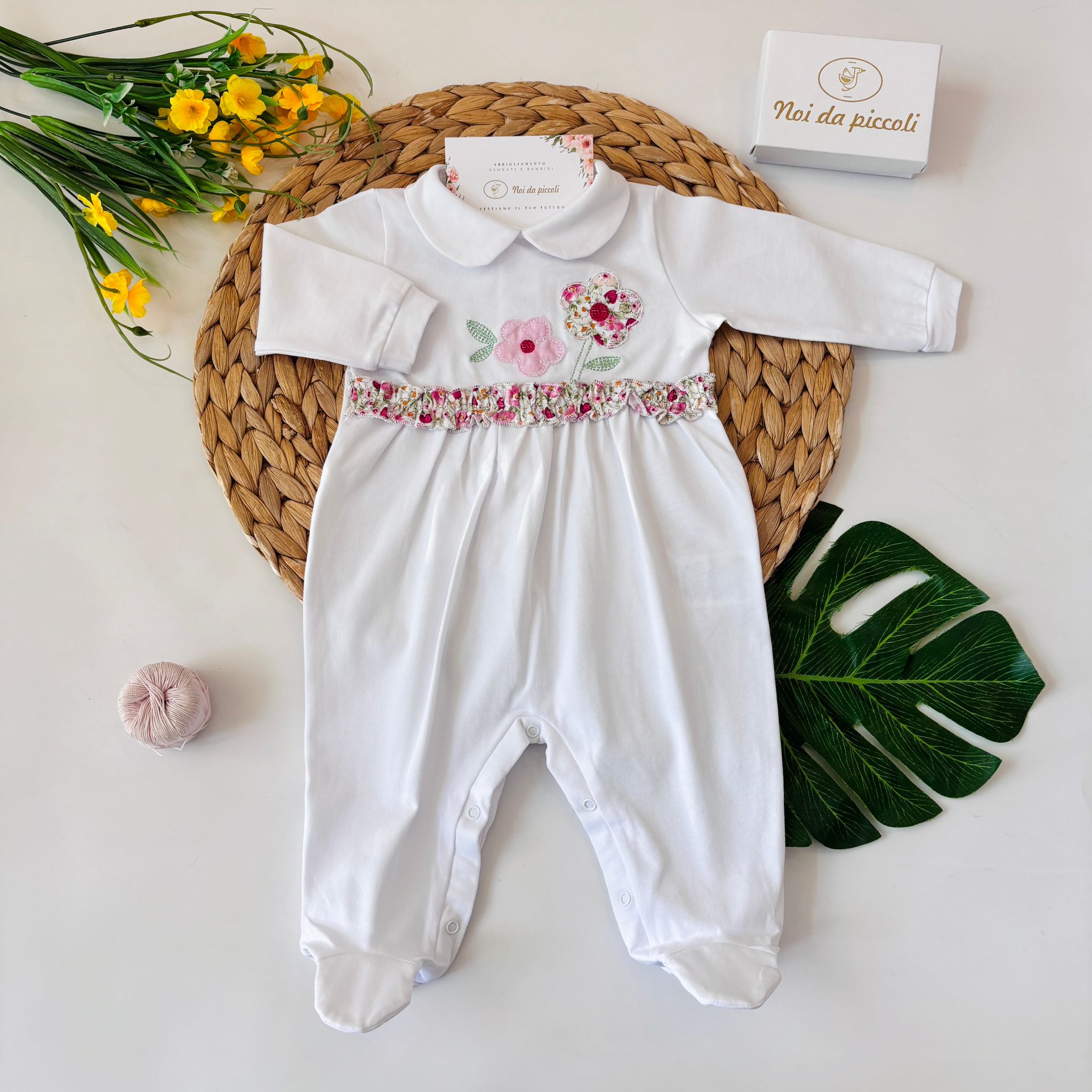 TUTINA IN COTONE CON FIORELLINI BIANCO ROSA - Noi da piccoli