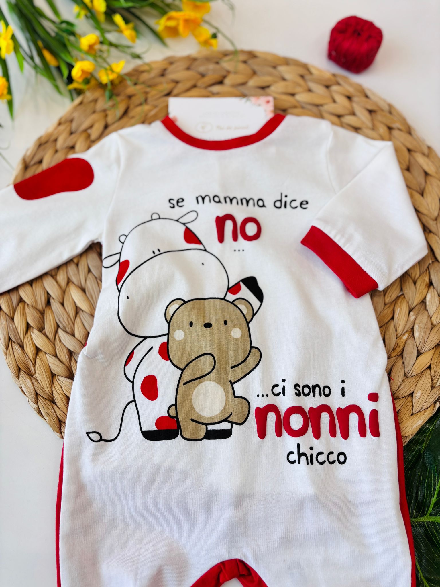 TUTINA IN COTONE CON MUCCA E ORSETTO ROSSO E BIANCO - Noi da piccoli