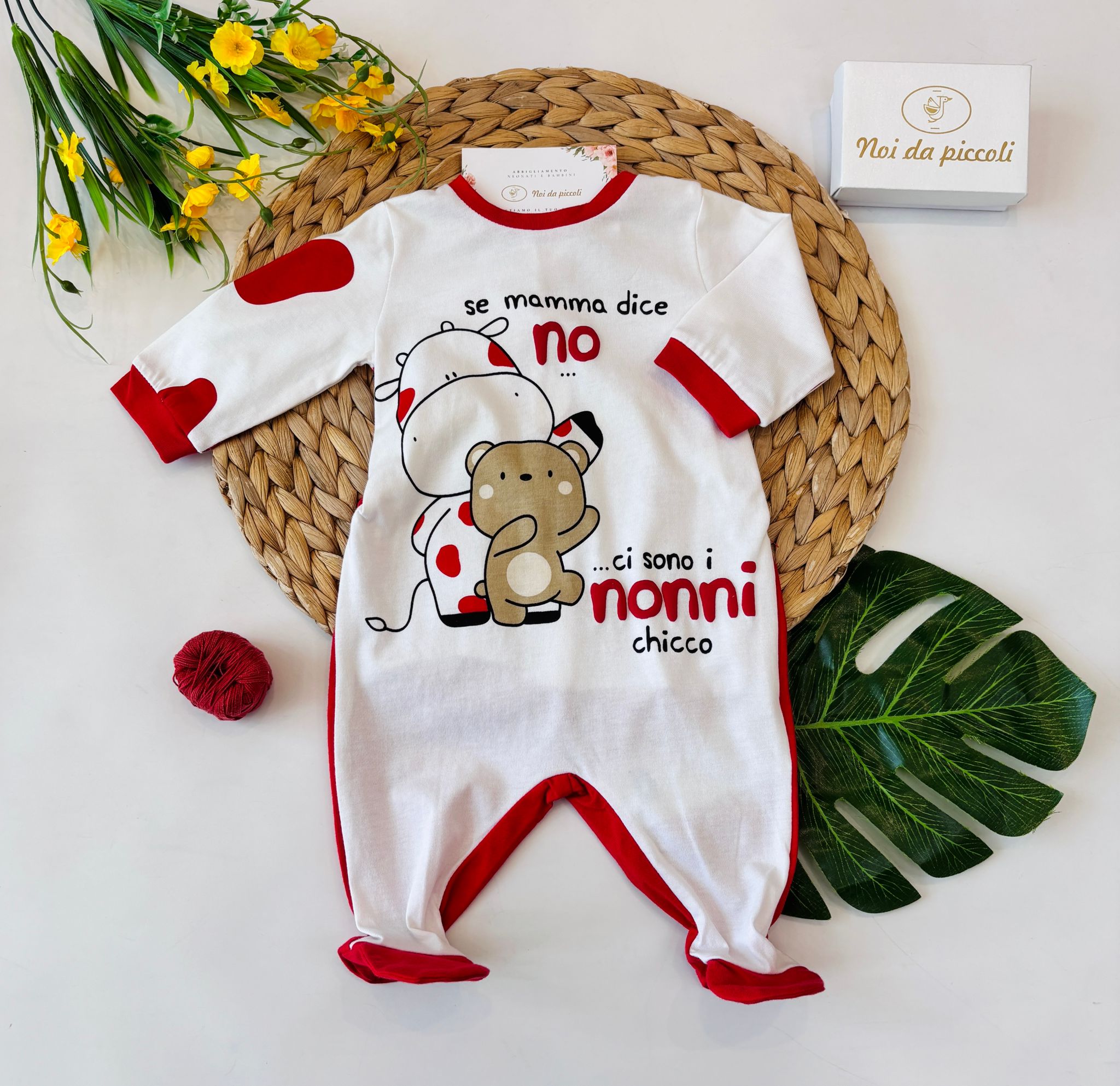 TUTINA IN COTONE CON MUCCA E ORSETTO ROSSO E BIANCO - Noi da piccoli