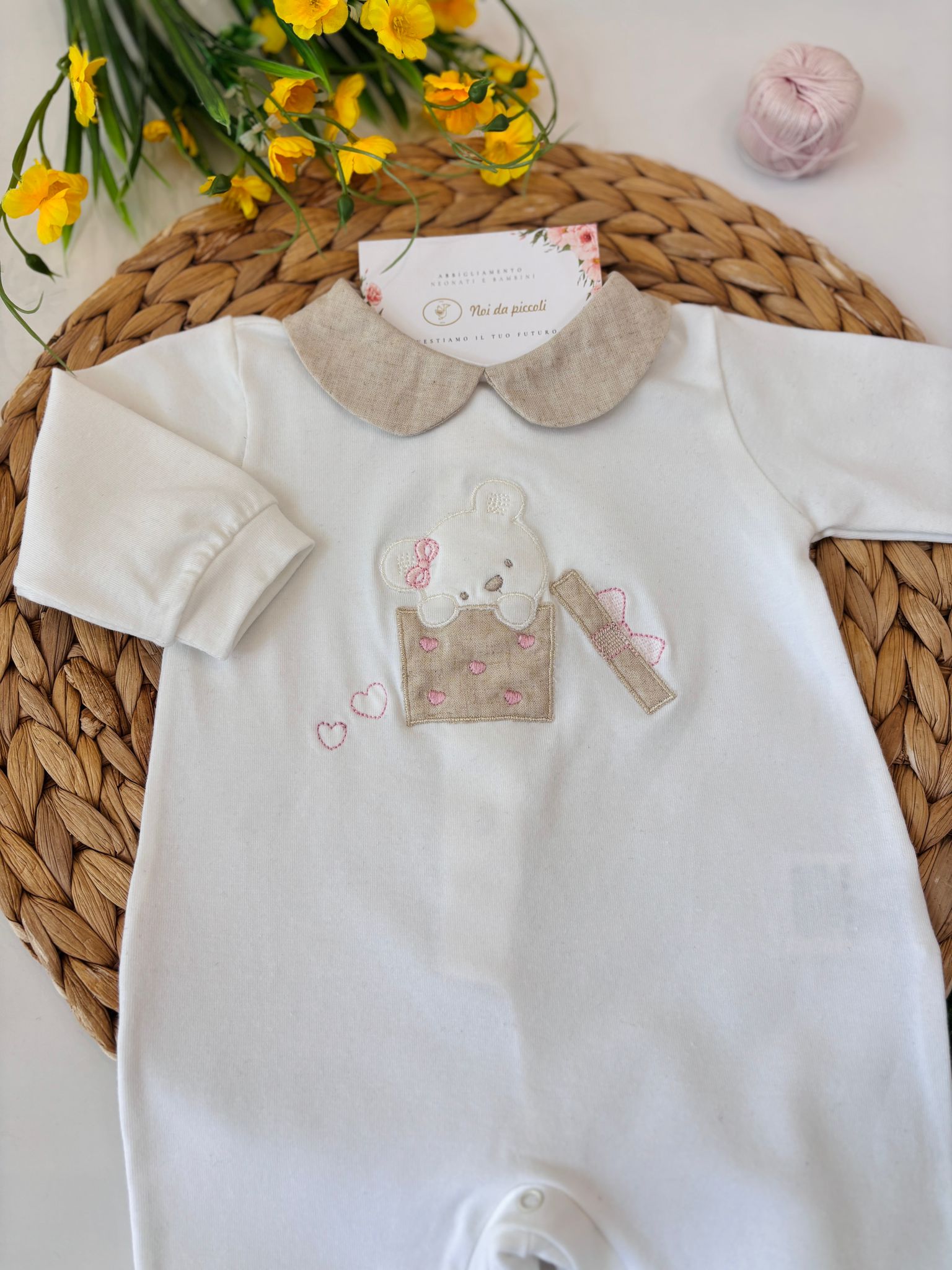 TUTINA IN COTONE CON ORSETTO BIANCO BEIGE - Noi da piccoli