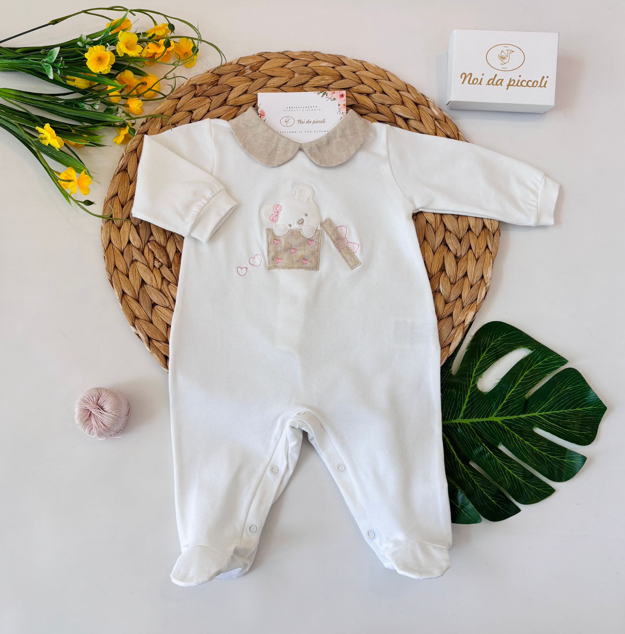 TUTINA IN COTONE CON ORSETTO BIANCO BEIGE - Noi da piccoli