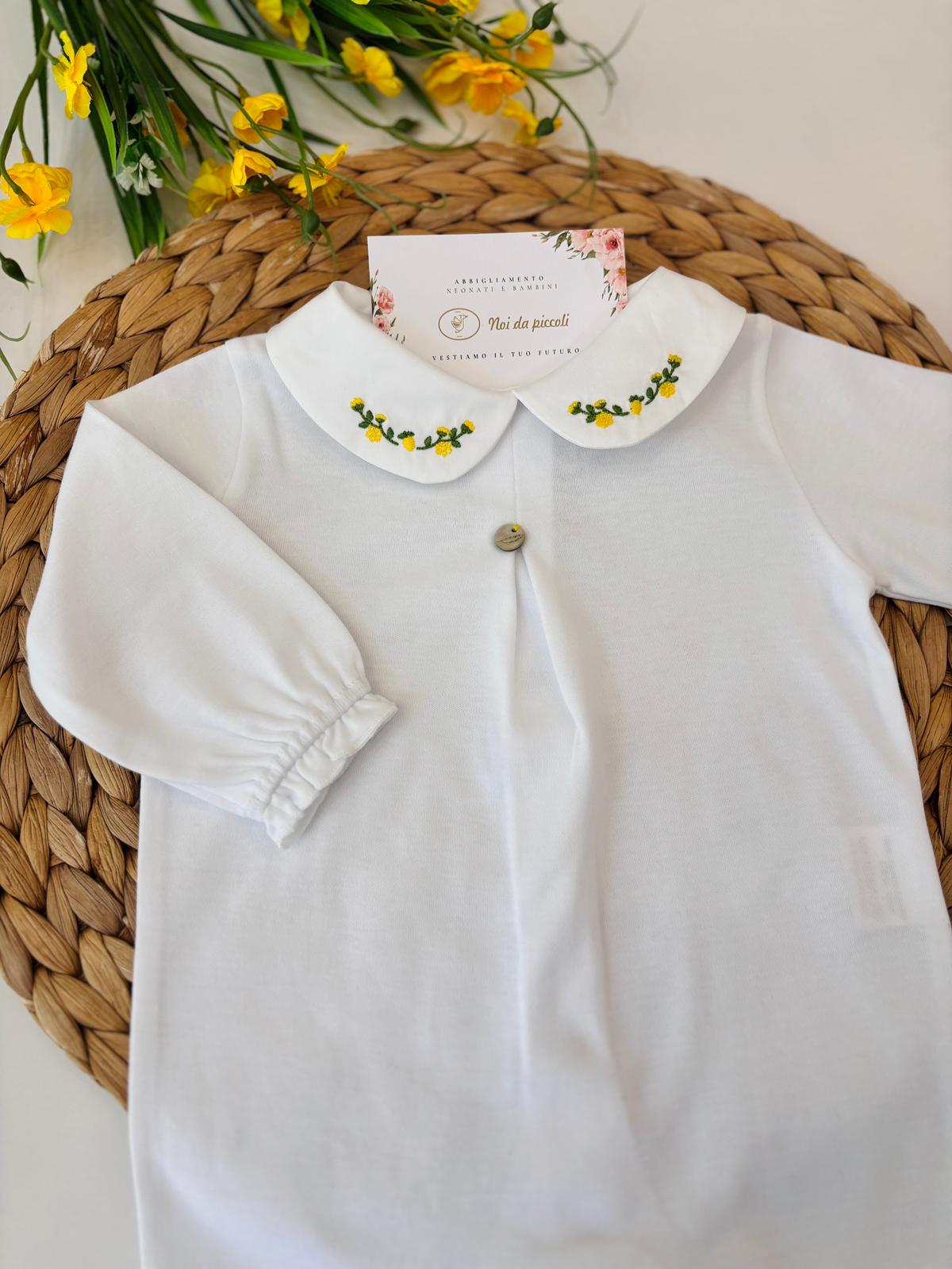 TUTINA IN COTONE CON ROSELLINE SUL COLLETTO E BOTTONCINI BIANCO - Noi da piccoli