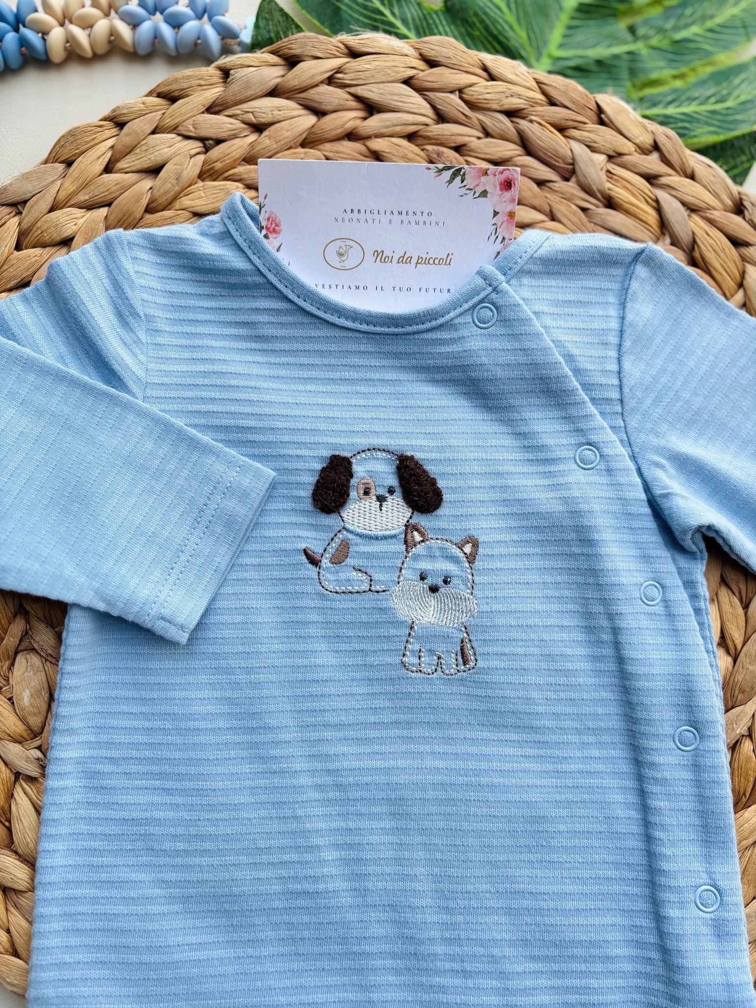 TUTINA IN COTONE RIGATA ANTIPANICO CON CAGNOLINI CENTRALI CIELO - Noi da piccoli