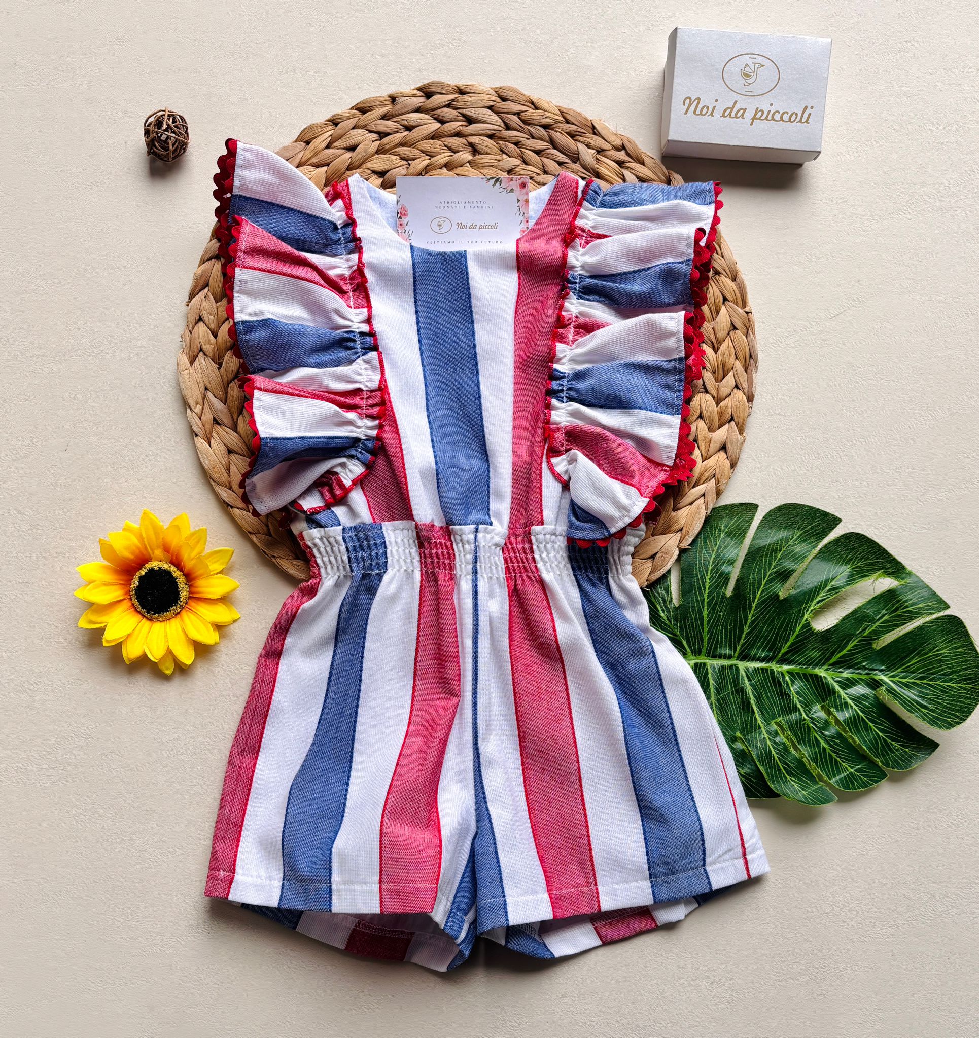 TUTINA INTERA IN COTNE CON MANICHE A RICCIO E RIGHE COLORATE rojo - Noi da piccoli