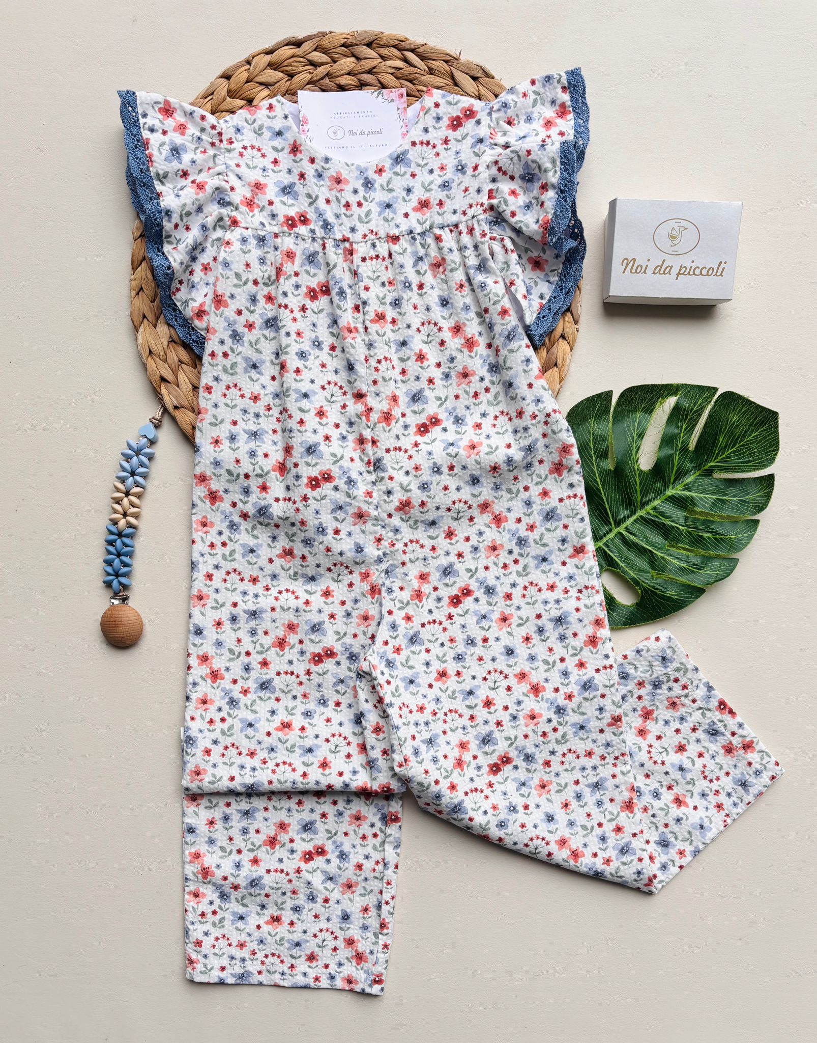 TUTINA INTERA LUNGA IN COTONE FLOREALE CON RICAMI SULLE MANICHE AZUL NIZA - Noi da piccoli
