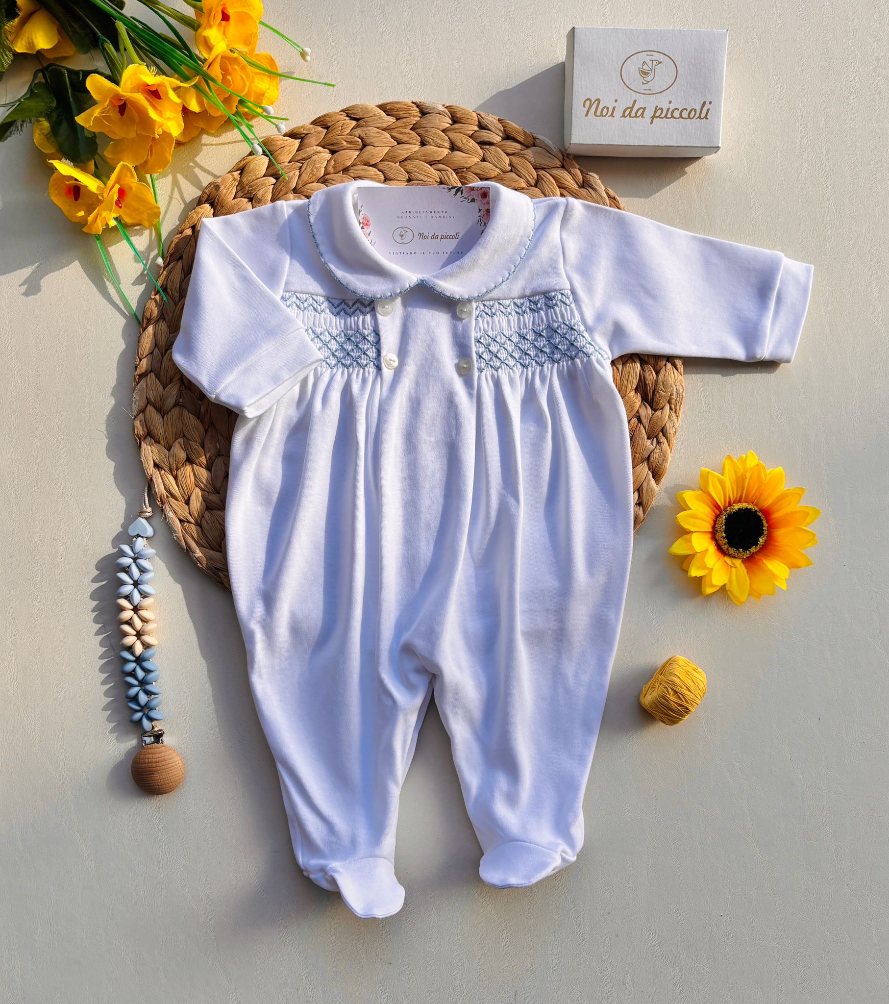 TUTINA PUNTO SMOK E 4 BOTTONI COTONE CALDO Bianco Cielo - Noi da piccoli