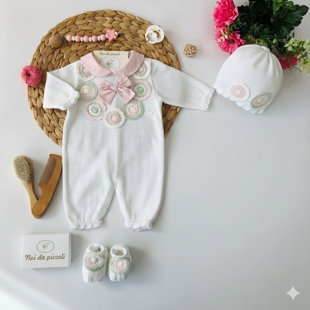 TUTINA ROSA BIANCO E VERDE IN FILO DI COTONE CON PARURE - Noi da piccoli