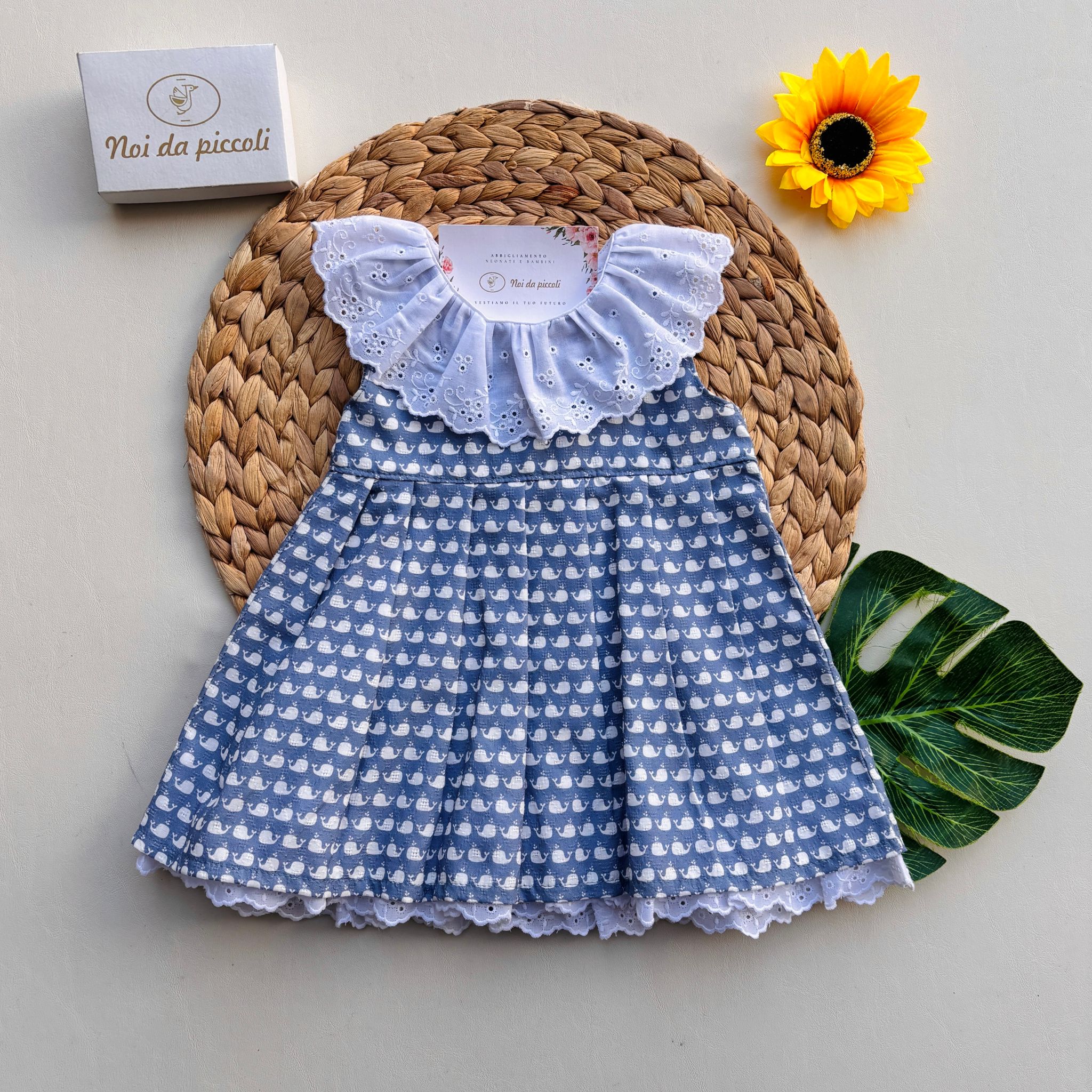 VESTINA A GIRO MANICA IN COTONE CON BALENE E COLLETTO RICAMATO Bianco Cielo - Noi da piccoli