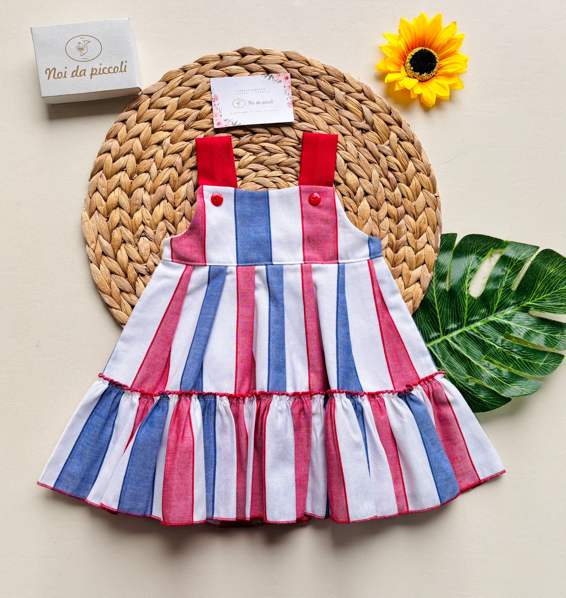 VESTINA A GIRO MANICA IN COTONE E LINO A RIGHE COLORATE E BOTTONCINI rojo - Noi da piccoli