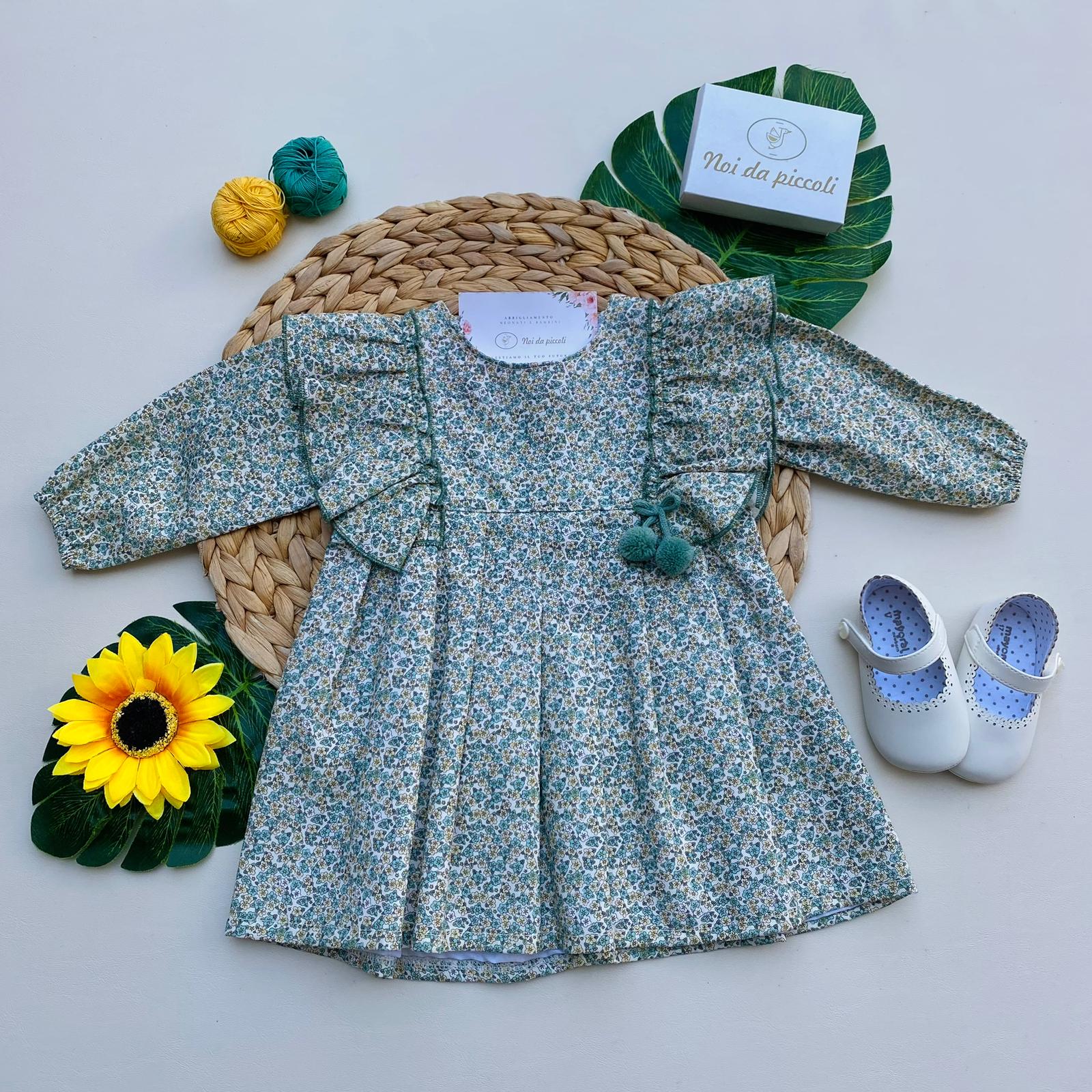 VESTINA A MANICA LUNGA FLOREALE 100 % COTONE VERDE SCURO - Noi da piccoli