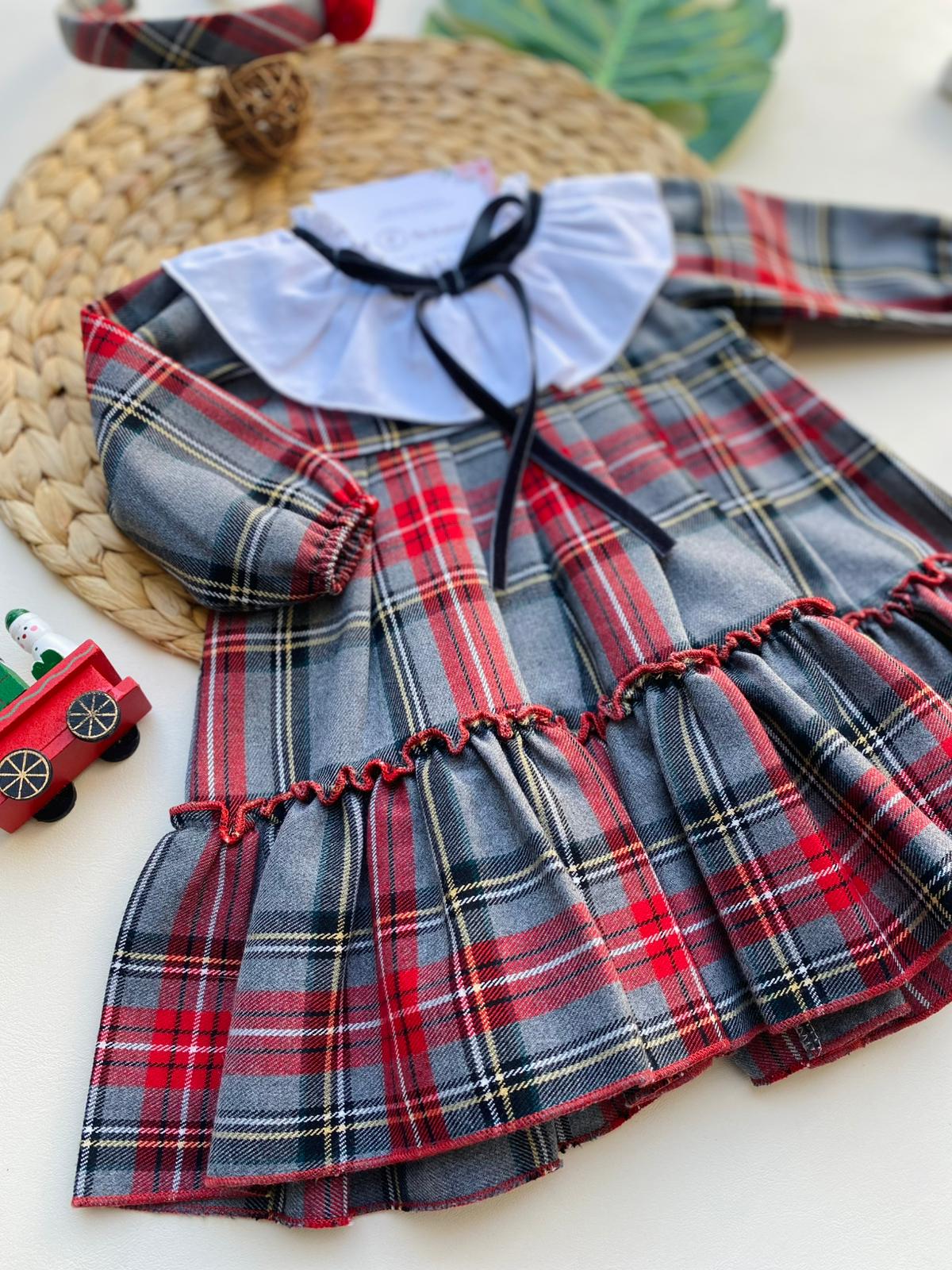 VESTINA A QUADRONI CON COLLETTO BIANCO E FIOCCHETTO FILATO CALDO ROSSO NATALIZIO - Noi da piccoli