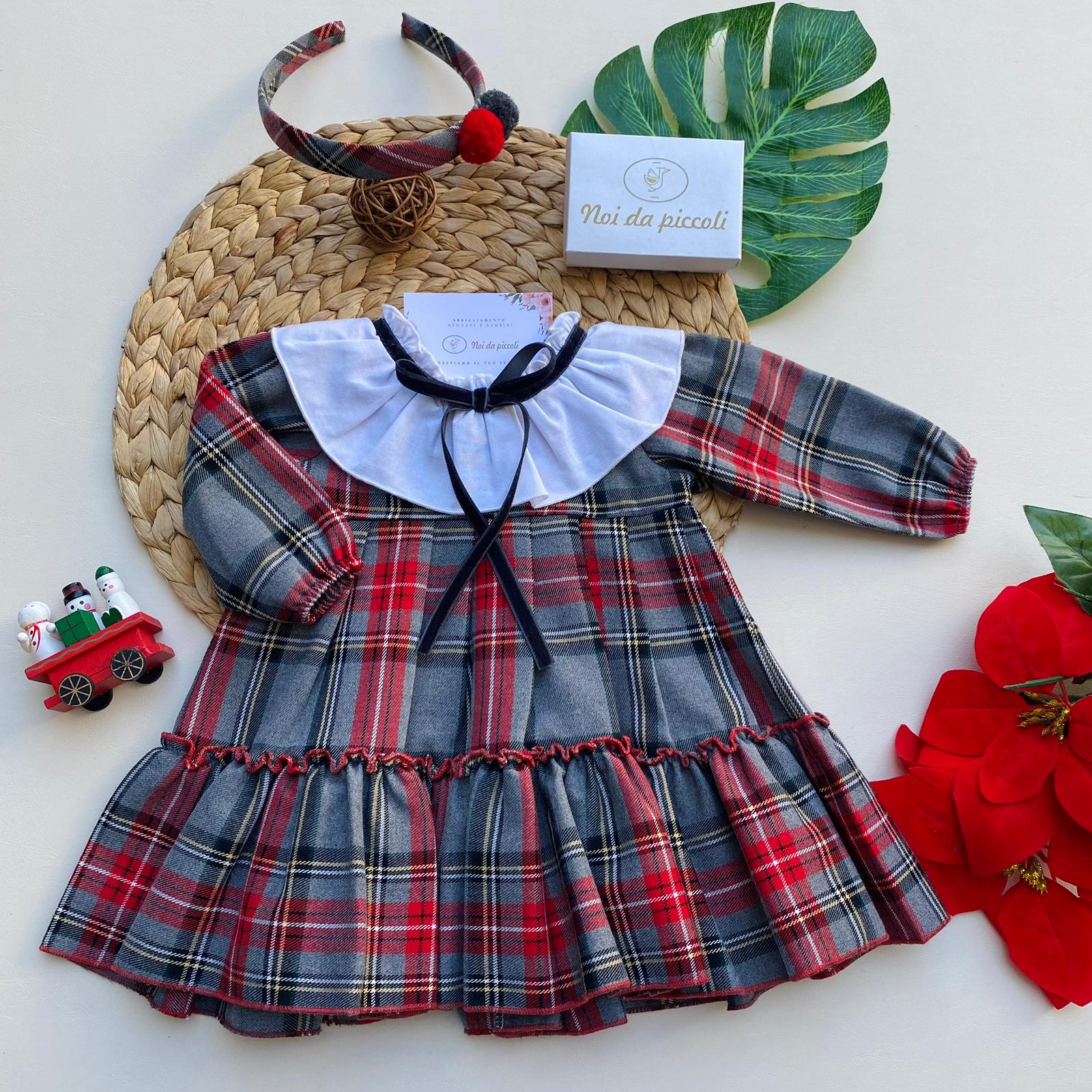 VESTINA A QUADRONI CON COLLETTO BIANCO E FIOCCHETTO FILATO CALDO ROSSO NATALIZIO - Noi da piccoli