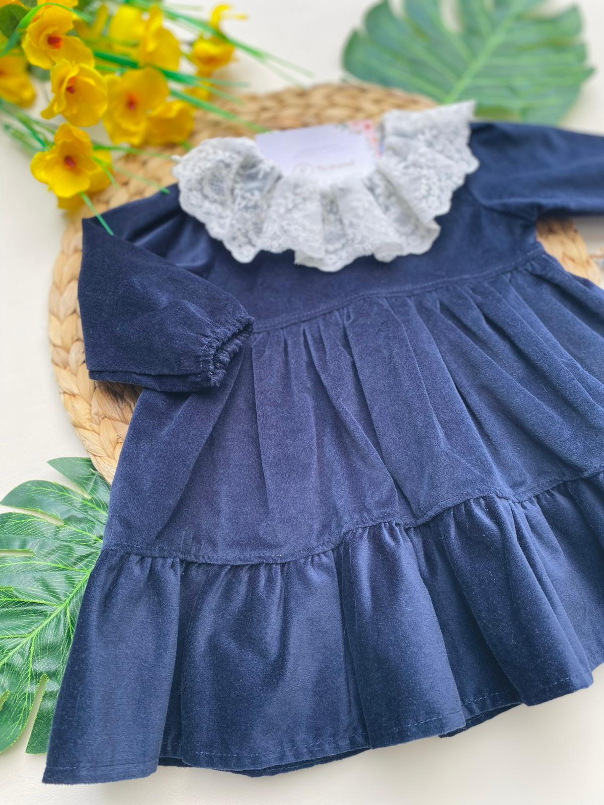 VESTINA CON COLLETTO BIANCO FILATO CALDO BLU MARINO - Noi da piccoli