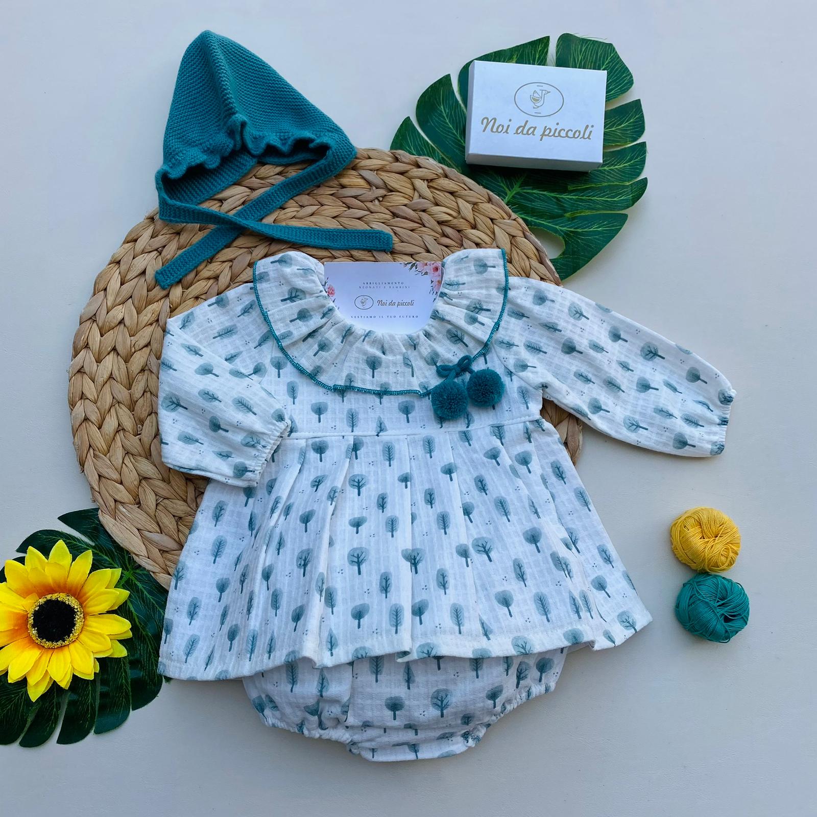 VESTINA CON CULOTTINA E CUFFIETTA ALBERELLI 100€ CALDO COTONE VERDE PETROLIO - Noi da piccoli