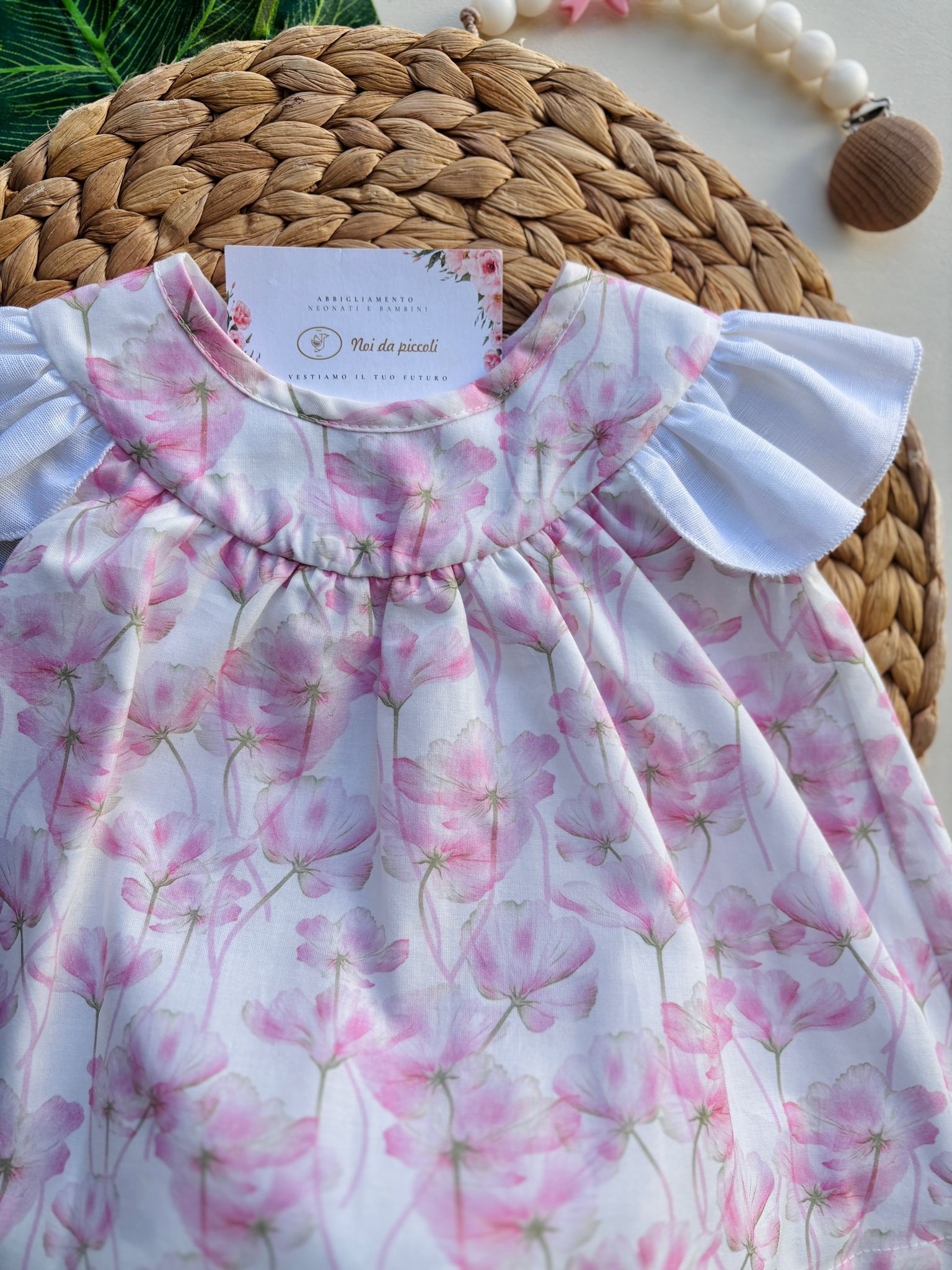 VESTINA CON CULOTTINA IN COTONE CON FIORELLINI BIANCO ROSA - Noi da piccoli