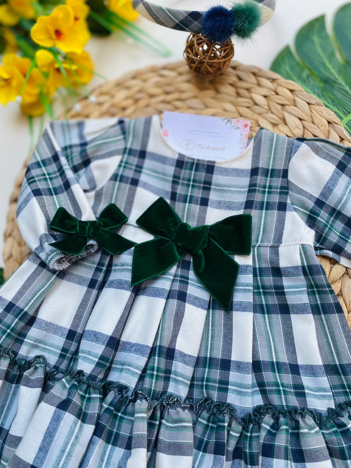 VESTINA CON FIOCCHETTI 100% CALDO COTONE VERDE QUADRONI - Noi da piccoli