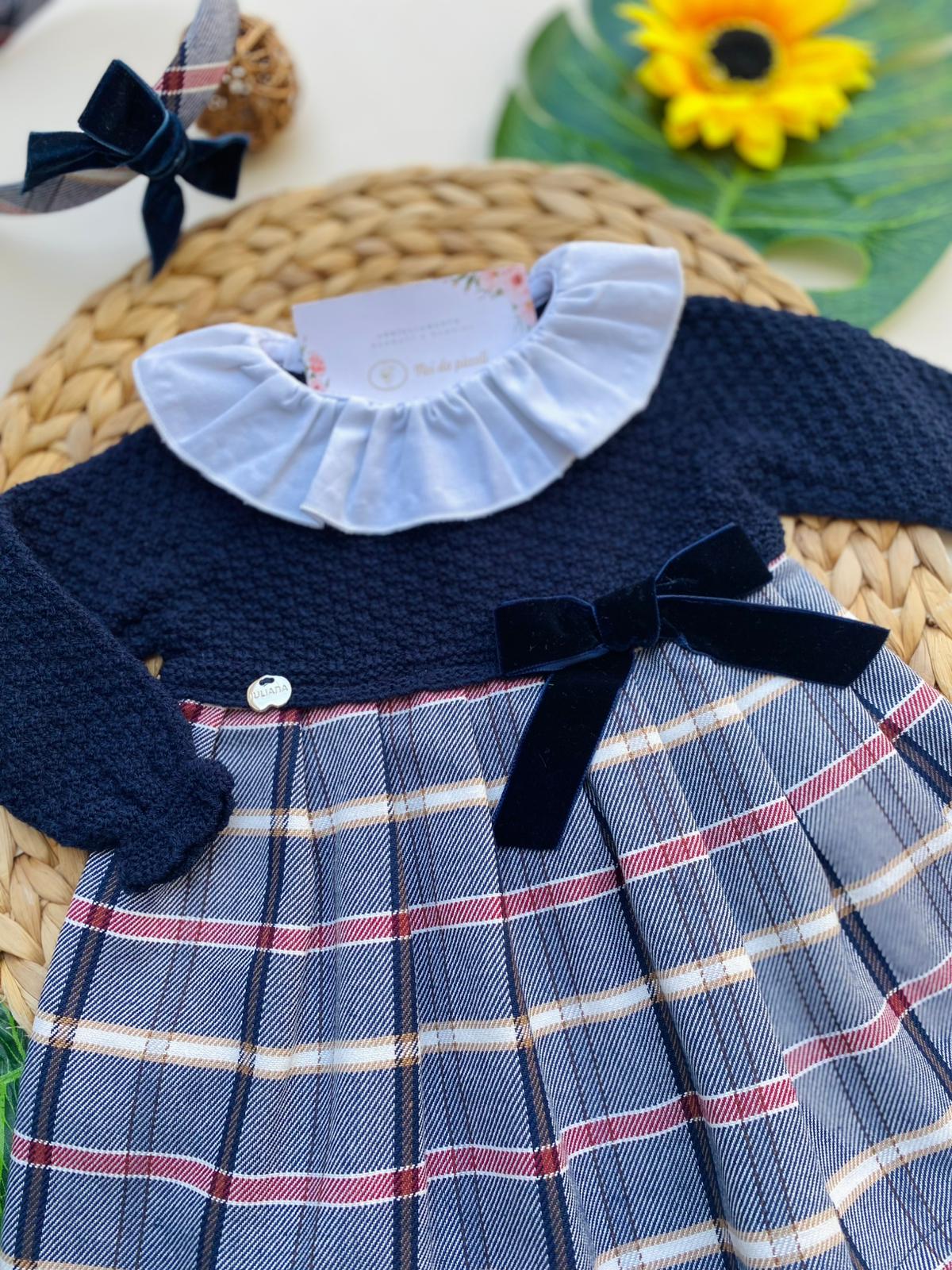 VESTINA CON RIGHE E COLLETTO BIANCO FILATO CALDO BLU MARINO - Noi da piccoli