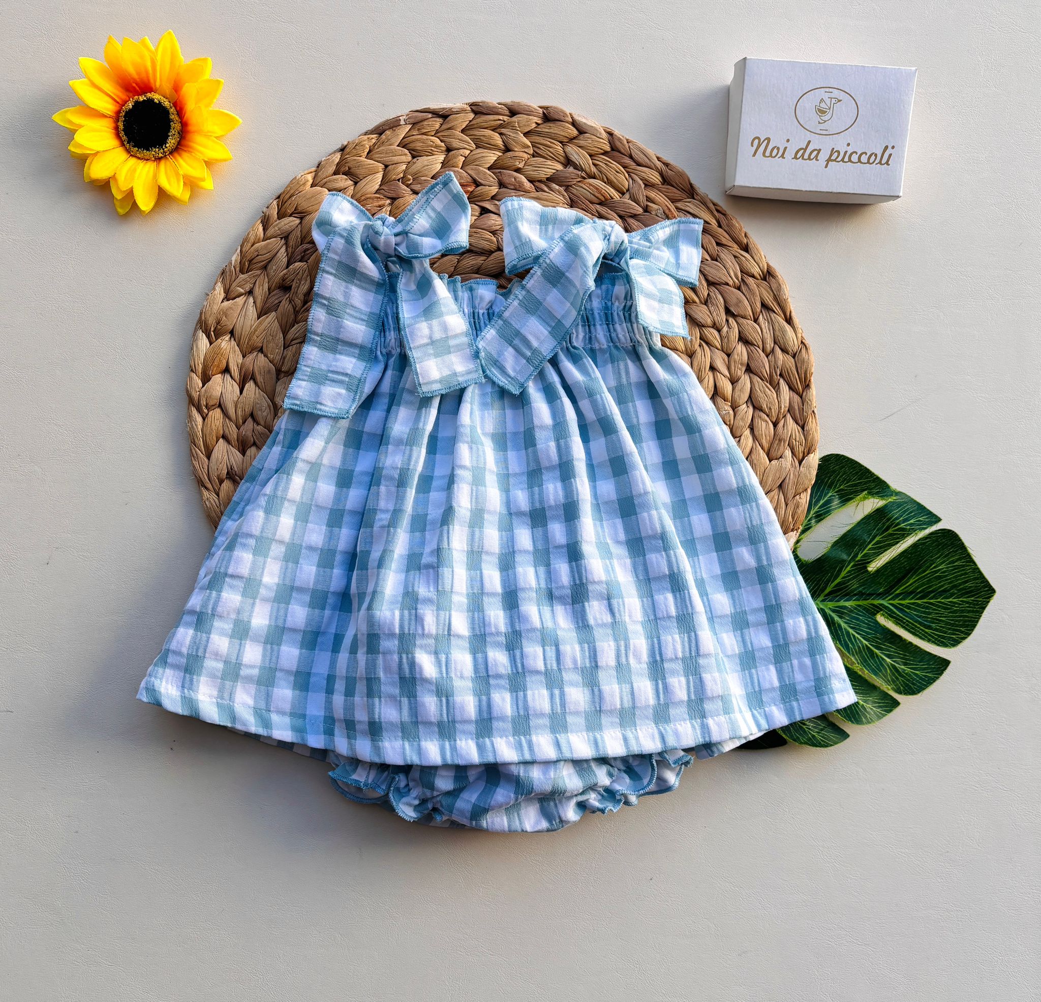VESTINA IN COTONE A QUADRONI CON FIOCCHETTINI E CULOTTE ABBINATA NUBE - Noi da piccoli
