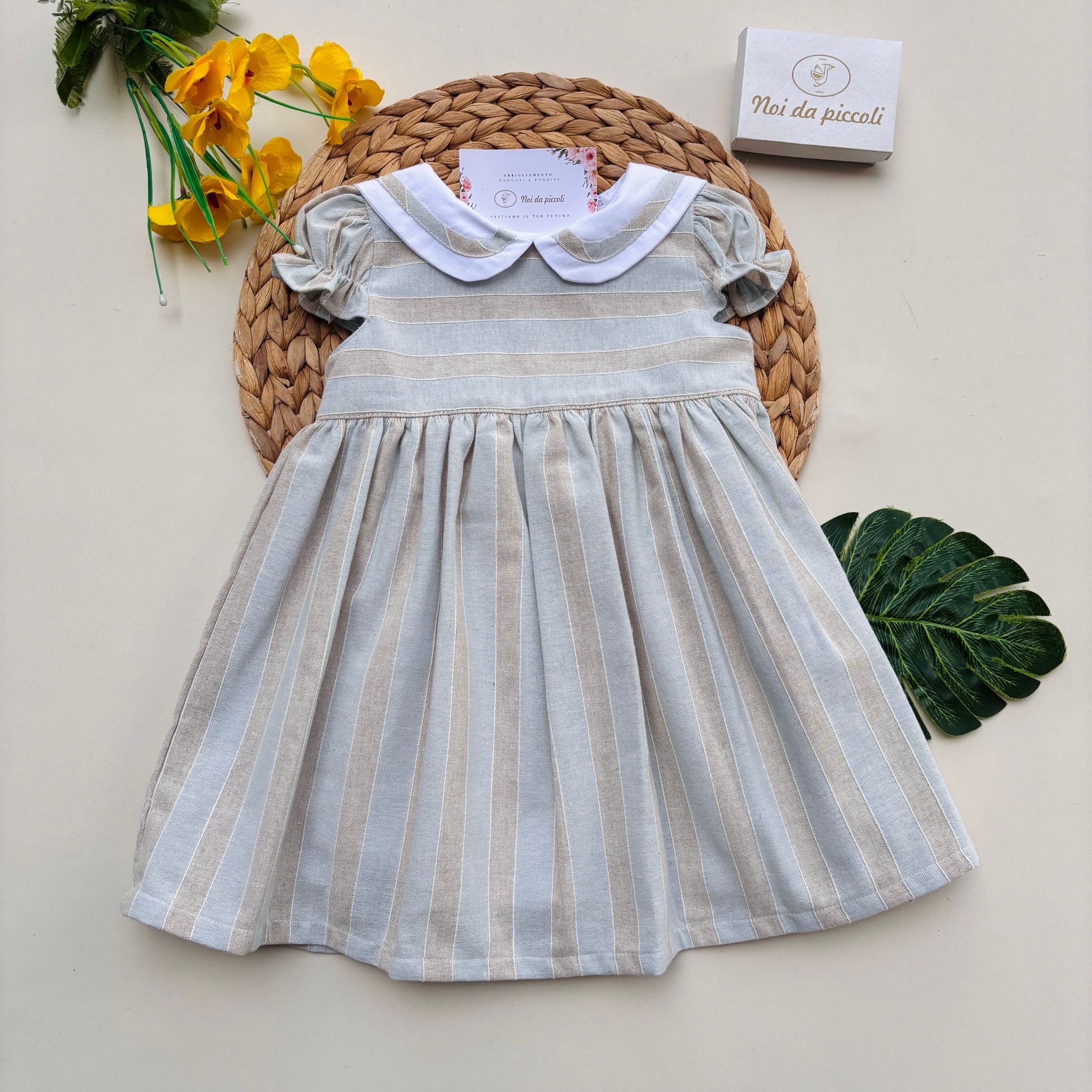 VESTINA IN COTONE A RIGHE BEIGE E CIELO - Noi da piccoli