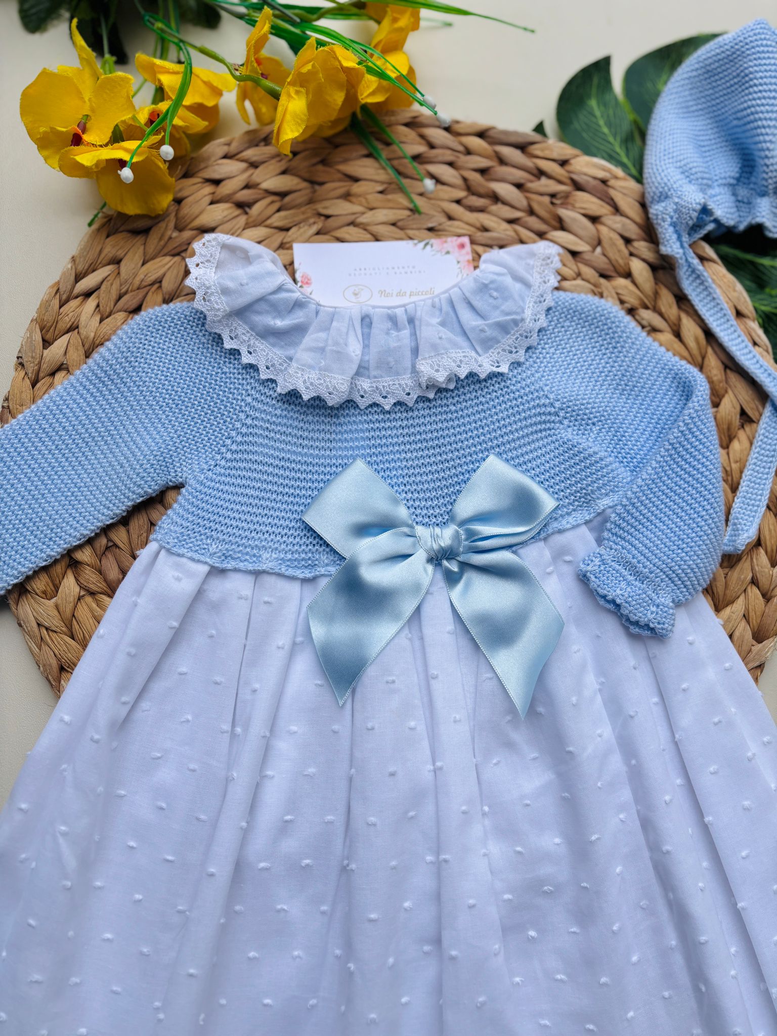 VESTINA IN COTONE BICOLOR CON FIOCCHETTO BIANCO CIELO - Noi da piccoli