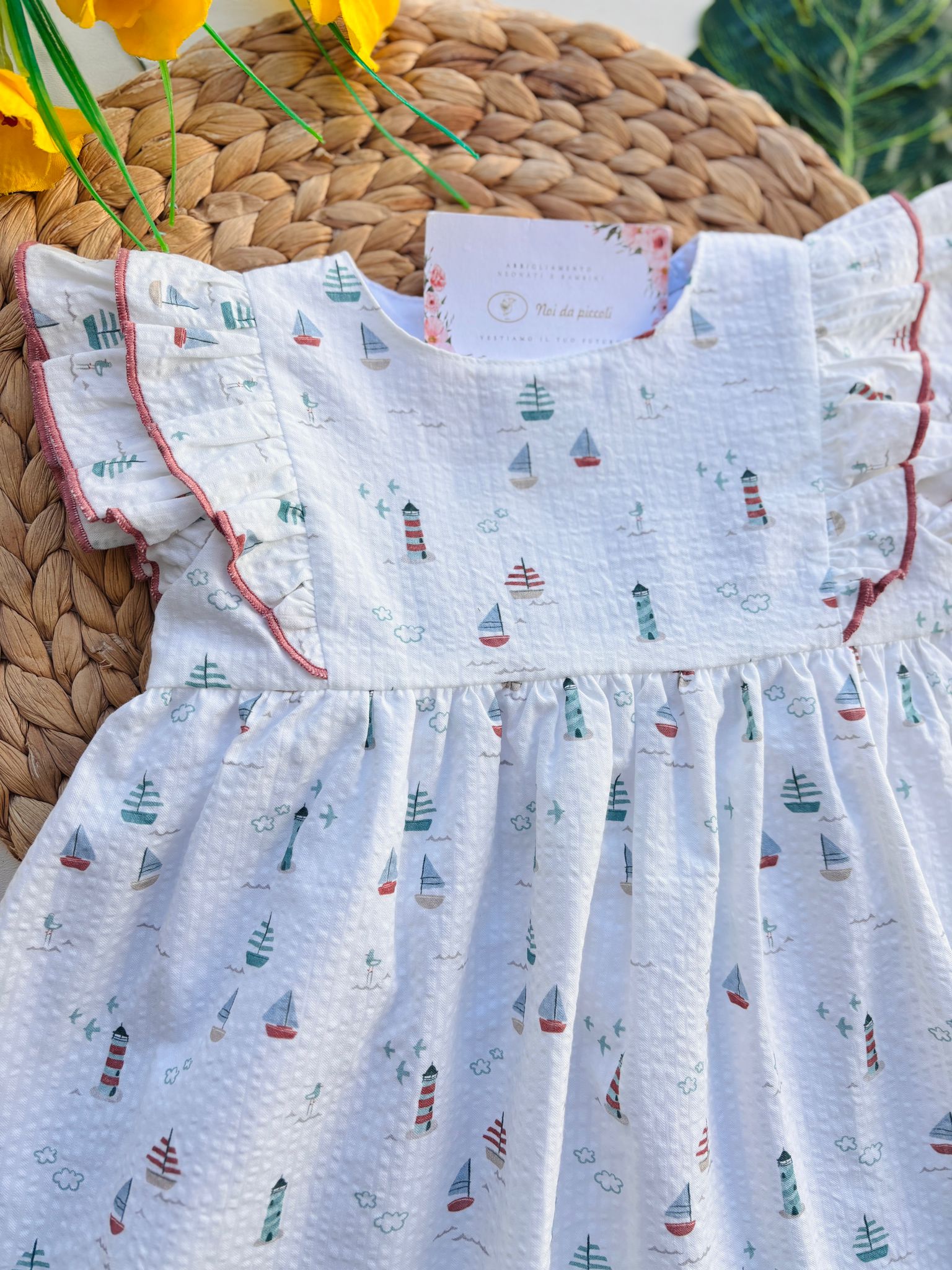 VESTINA IN COTONE CON BARCHETTE BIANCO - Noi da piccoli