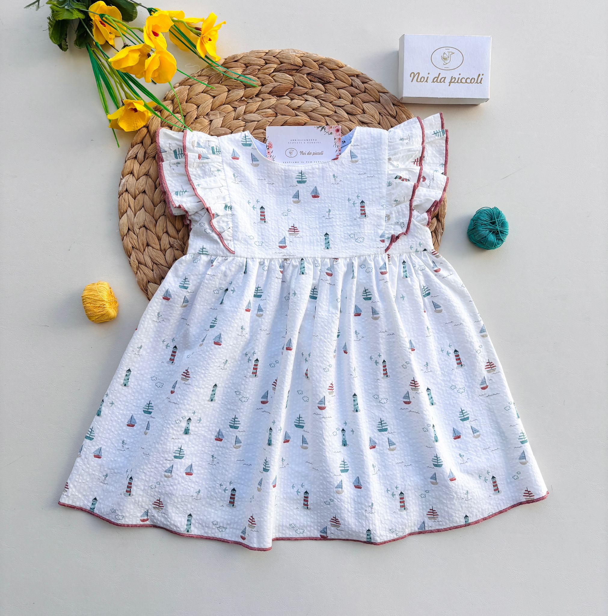 VESTINA IN COTONE CON BARCHETTE BIANCO - Noi da piccoli