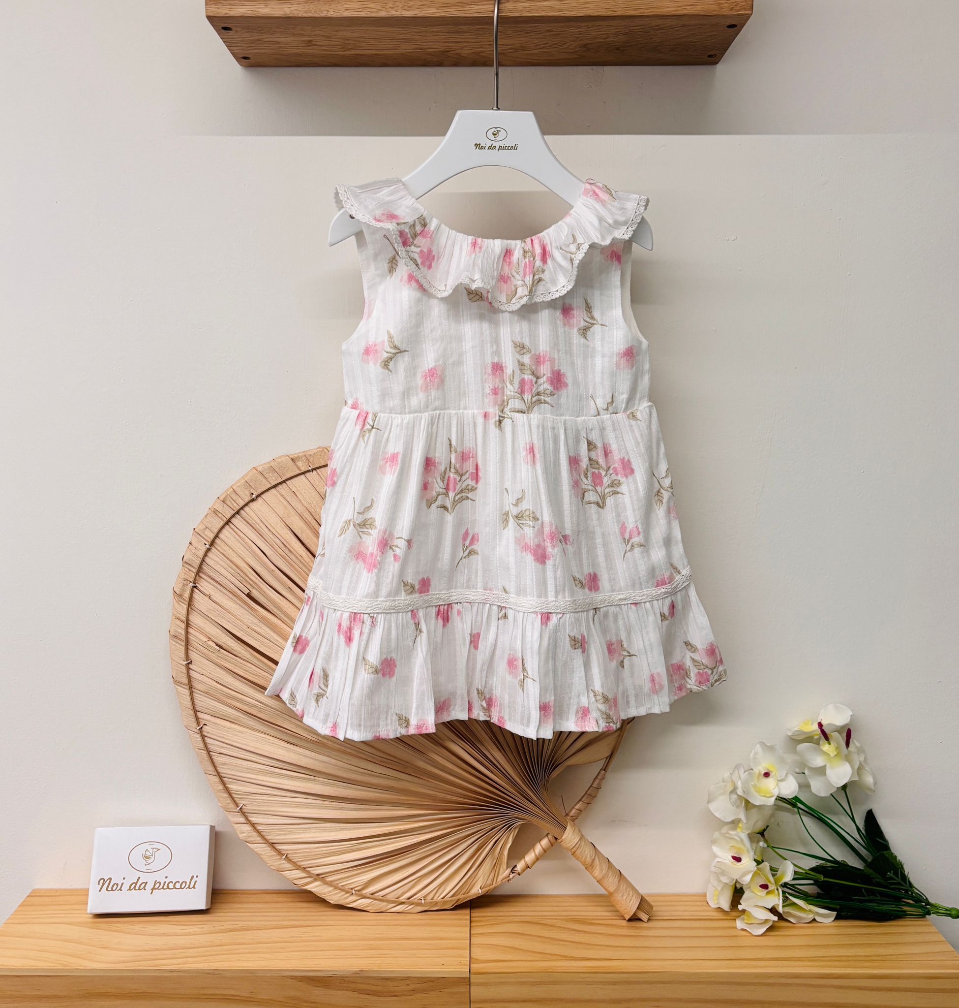 VESTINA IN COTONE CON FIORELLINI BIANCO ROSA - Noi da piccoli
