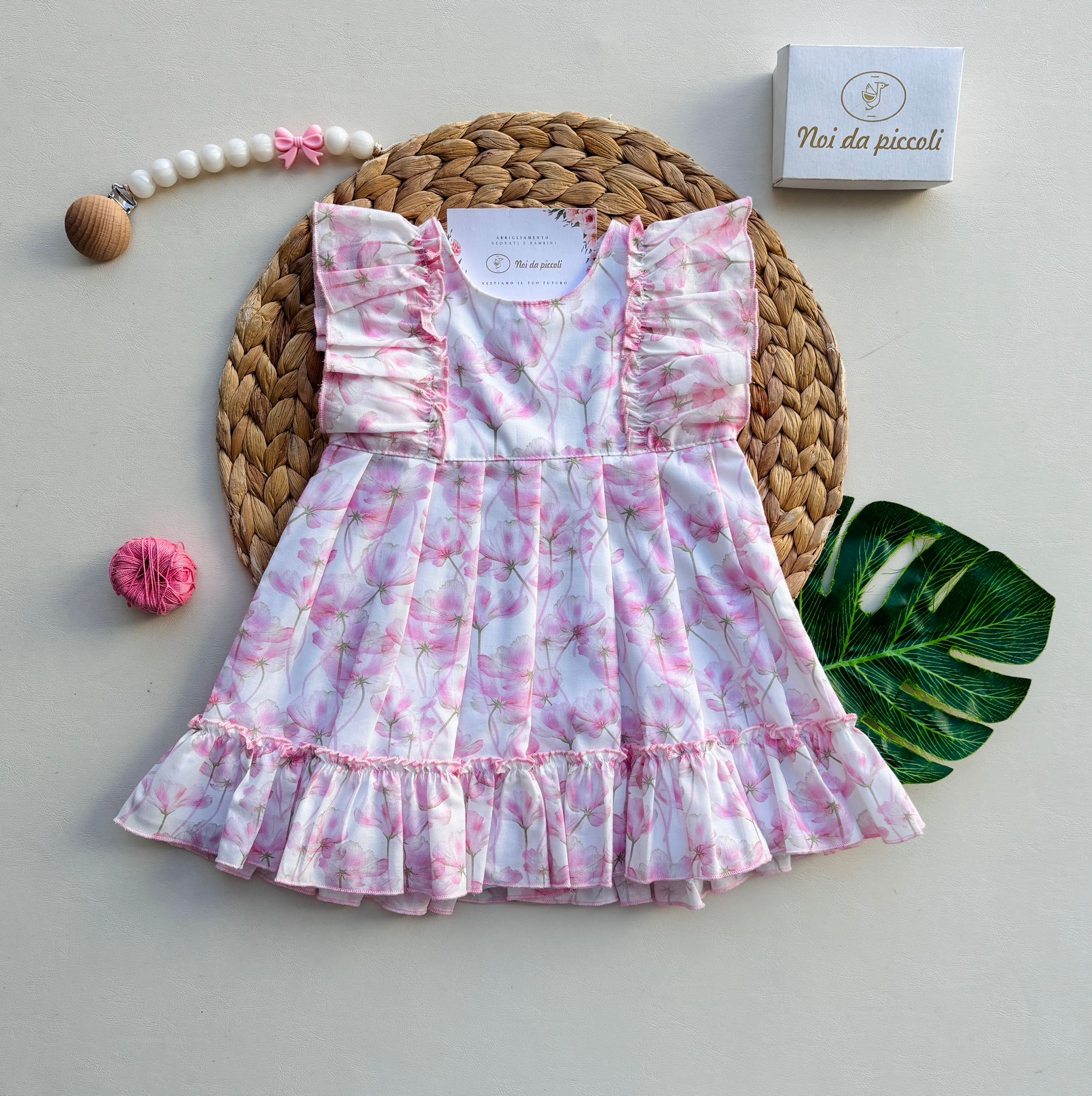 VESTINA IN COTONE CON FIORELLINI BIANCO ROSA - Noi da piccoli