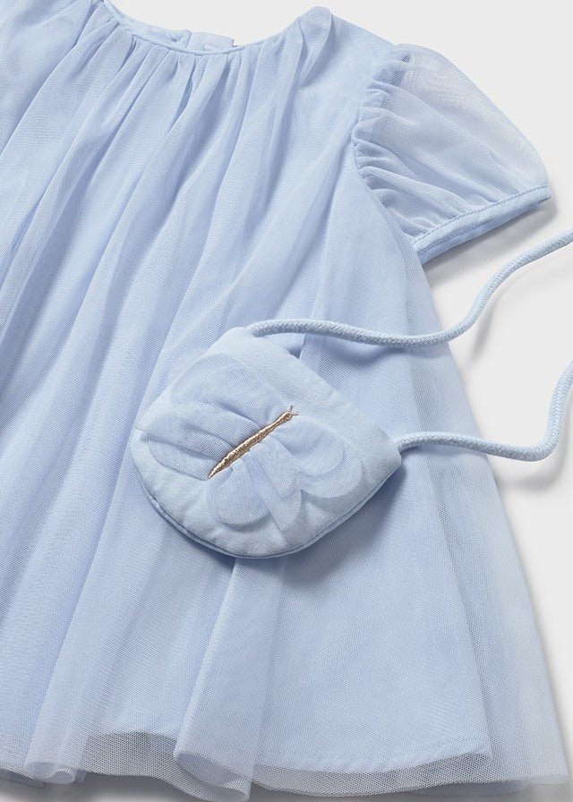 VESTINA IN COTONE CON TULLE E BORSETTA CIELO - Noi da piccoli