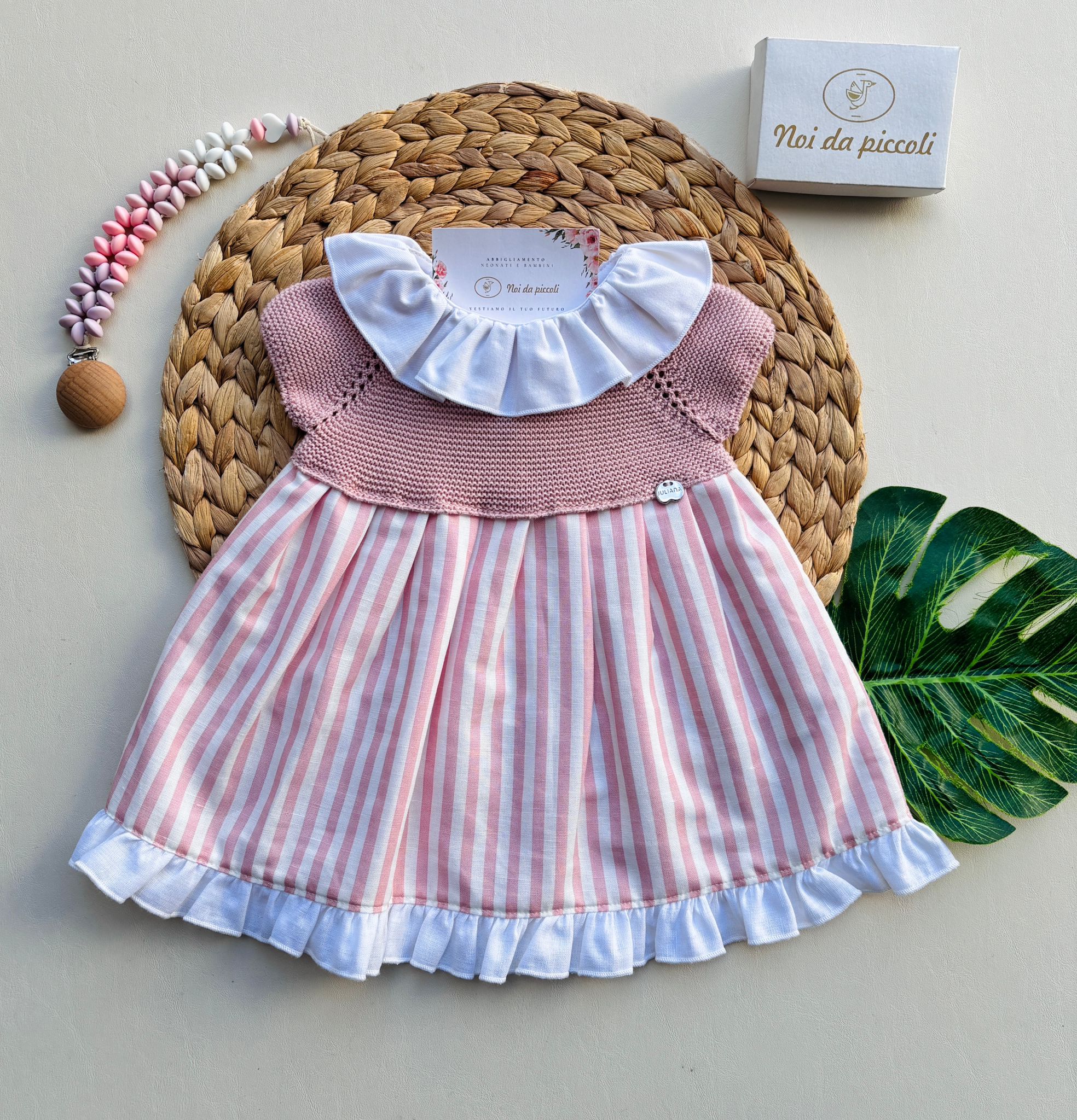 VESTINA IN COTONE E LINO A RIGHE CON COLLETTO A VOLANT BIANCO ROSA - Noi da piccoli