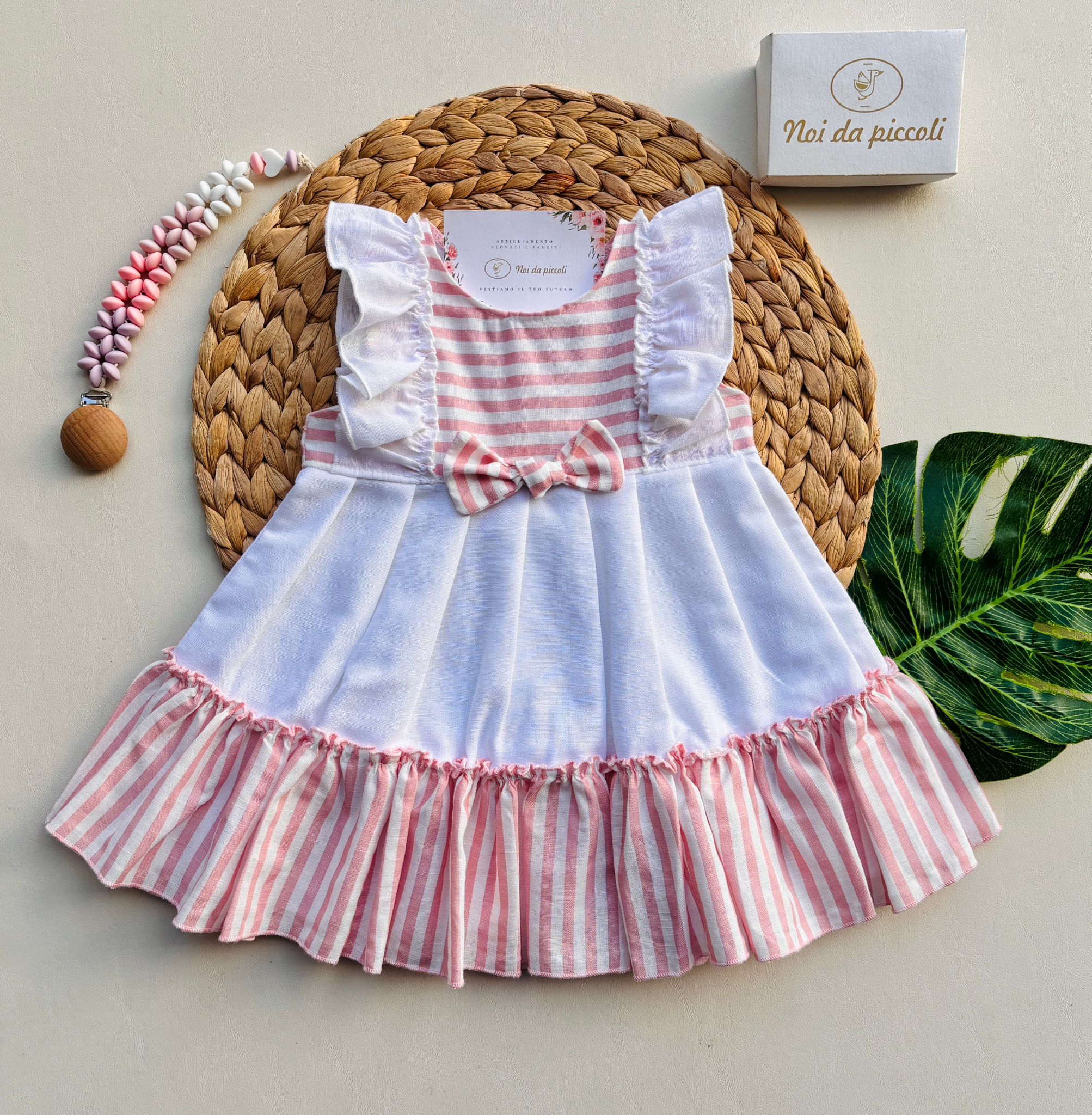 VESTINA IN COTONE E LINO A RIGHE CON FIOCCHETTINO CENTRALE BIANCO ROSA - Noi da piccoli