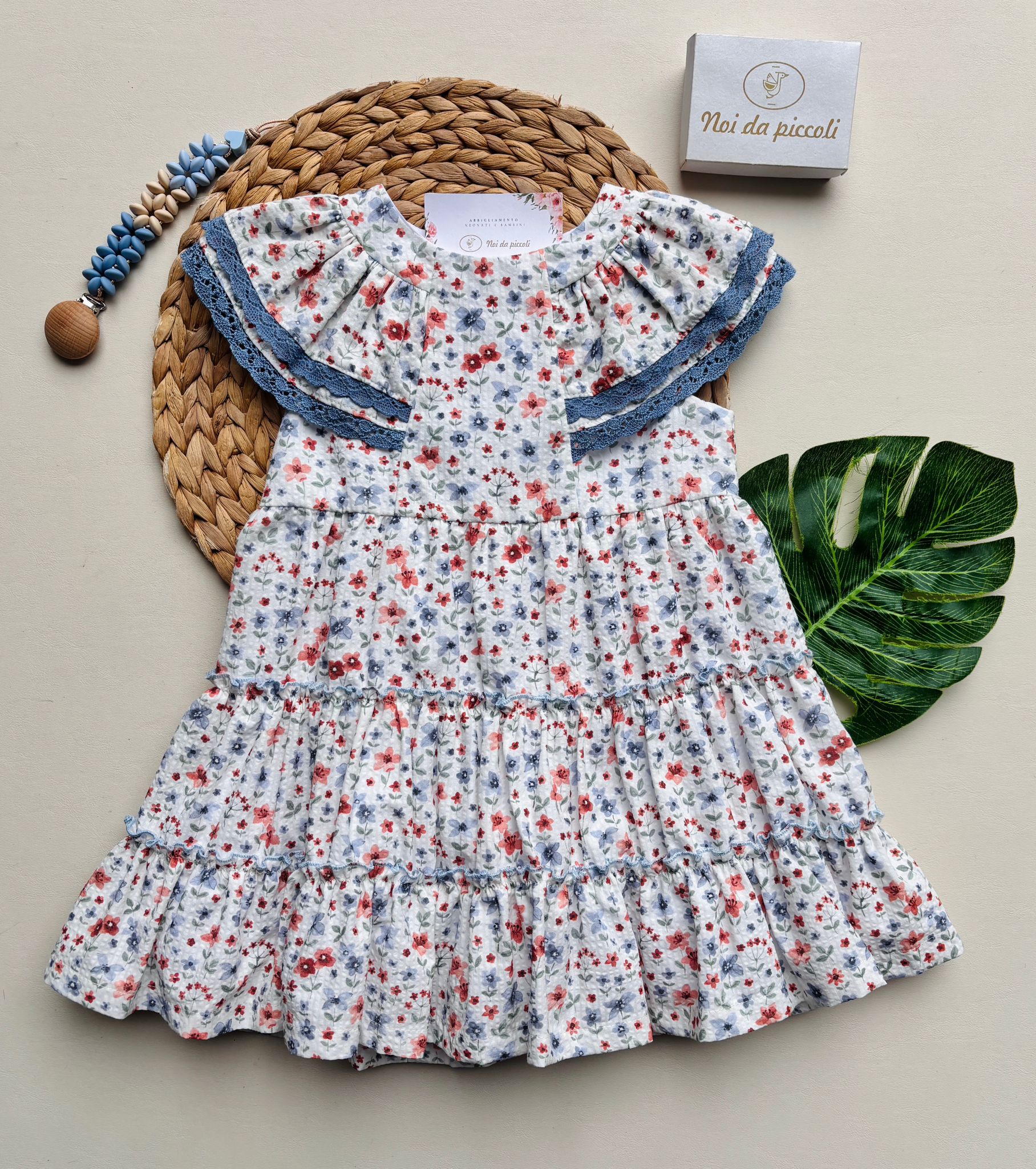 VESTINA IN COTONE FLOREALE MODELLO AMPIO CON RICAMO SUL COLLETTO AZUL NIZA - Noi da piccoli