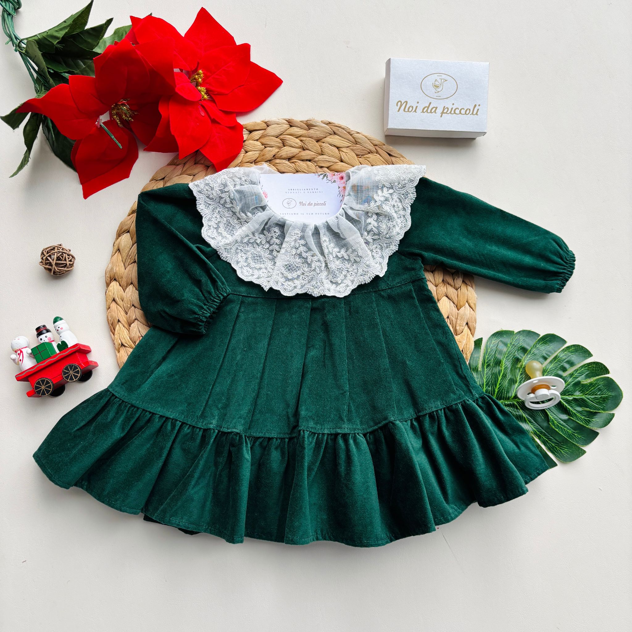 VESTINA IN VELLUTO CON COLLETTO SMERLATO VERDE BOTTIGLIA - Noi da piccoli