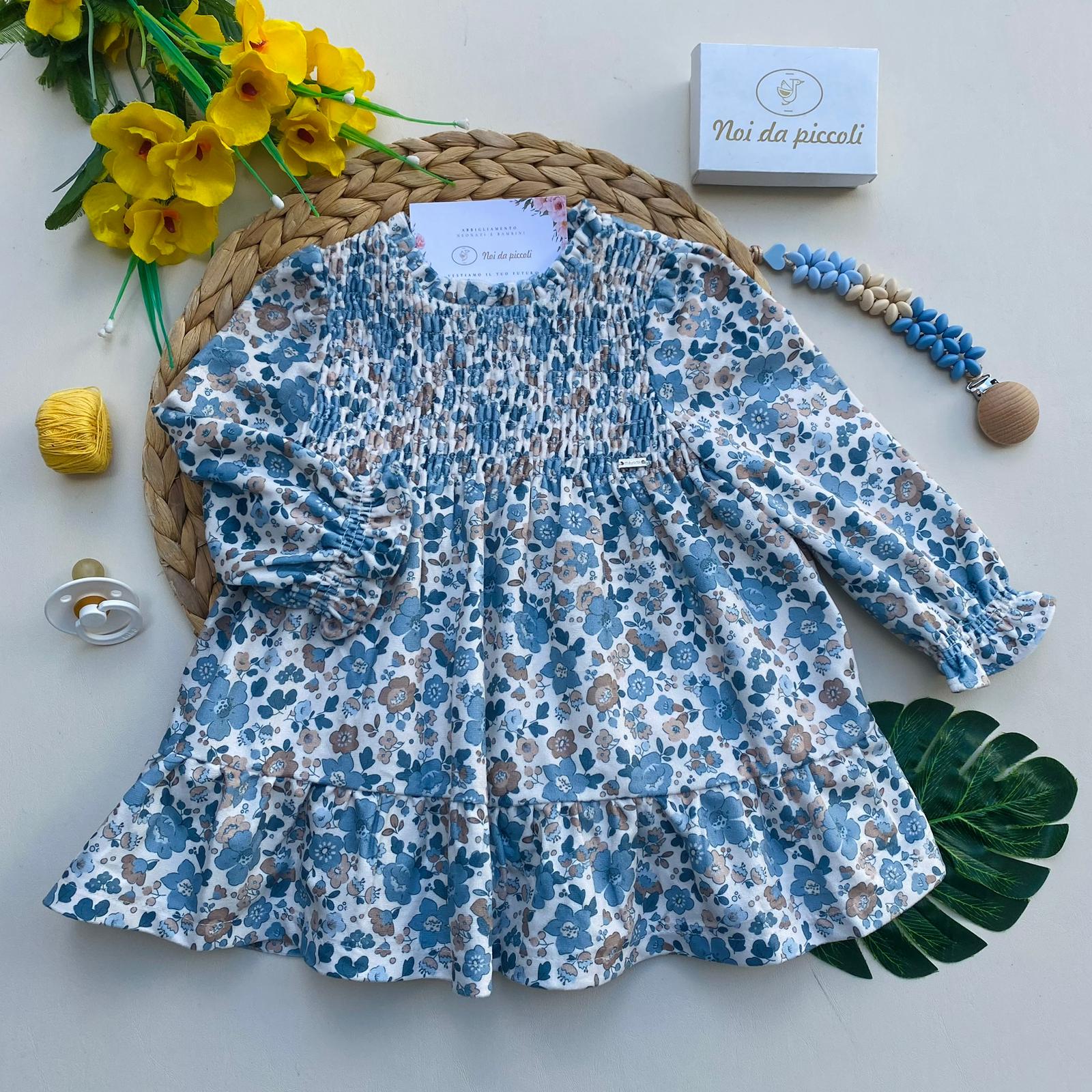 VESTINA IN VELLUTO RASATO CON FIORELLINI CIELO - Noi da piccoli