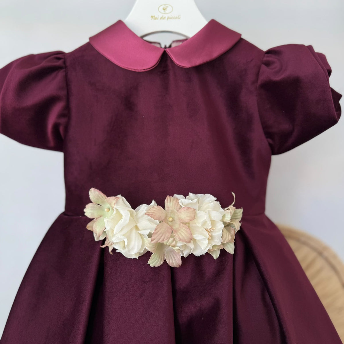 vestito Cerimoniale Velluto con Fiori BORGOGNA - Noi da piccoli