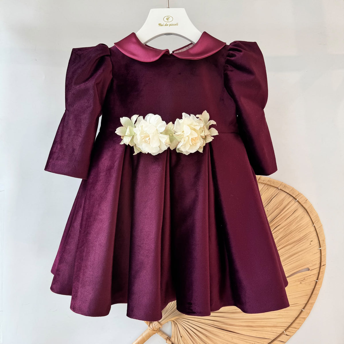 Vestito Cerimoniale Velluto con Fiori Borgogna Isabel - Noi da piccoli