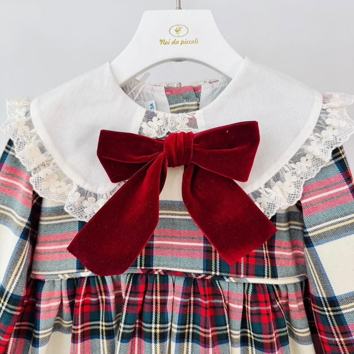 vestito Tartan Natalizio con Maxi Fiocco in Velluto BORDEAUX - Noi da piccoli